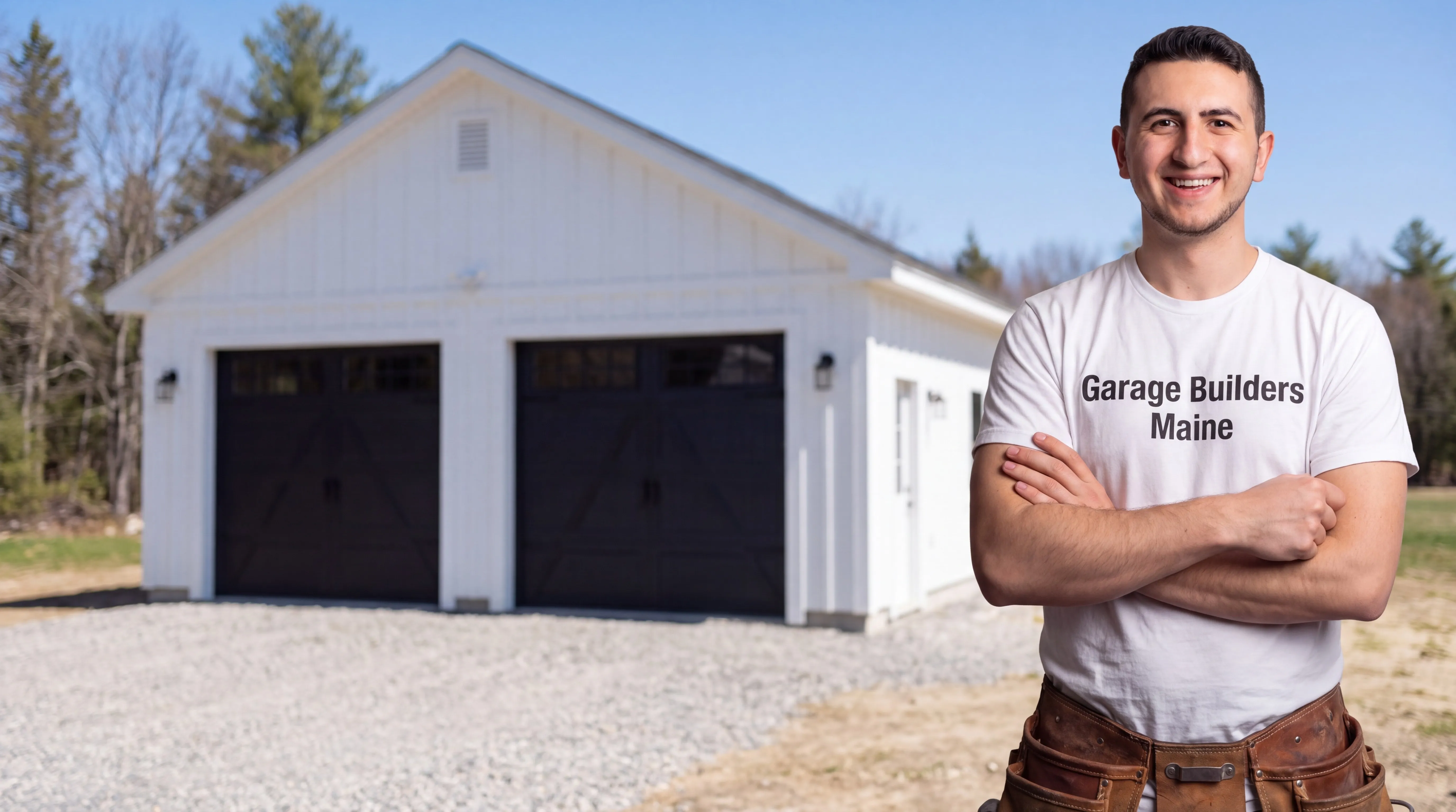 Garage builders Pittston Maine: owner with arms crossed in front of a white two-bay garage with black doors