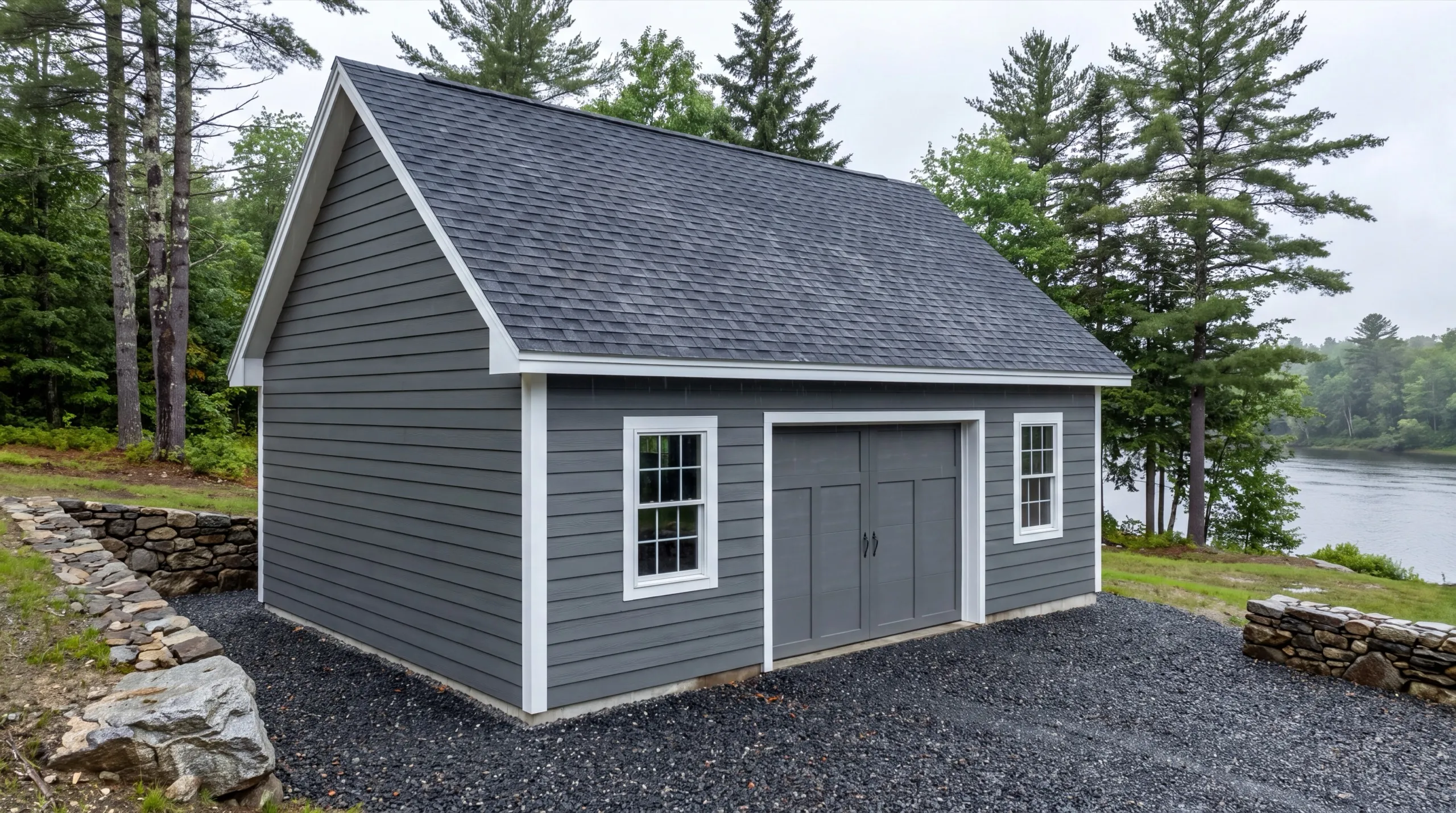 Garage builders Pittston Maine: finished gray one-bay garage with a carriage door on gravel by a river