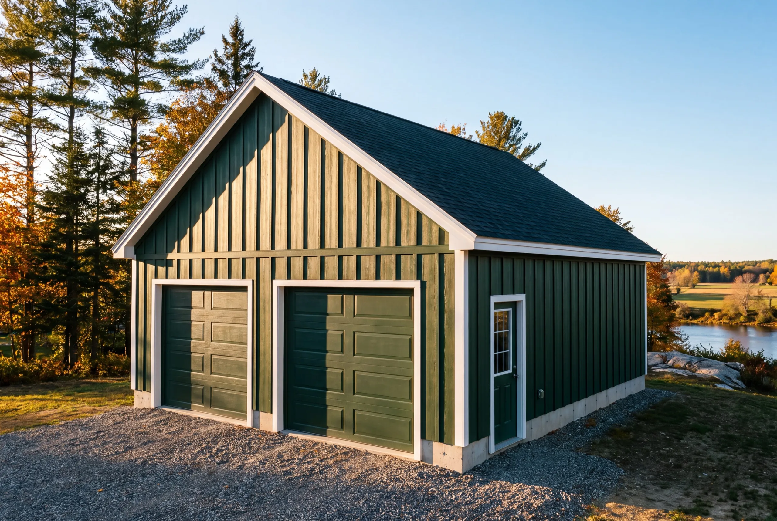 Garage builders Pittston Maine: finished green board and batten two-bay garage with a side entry door