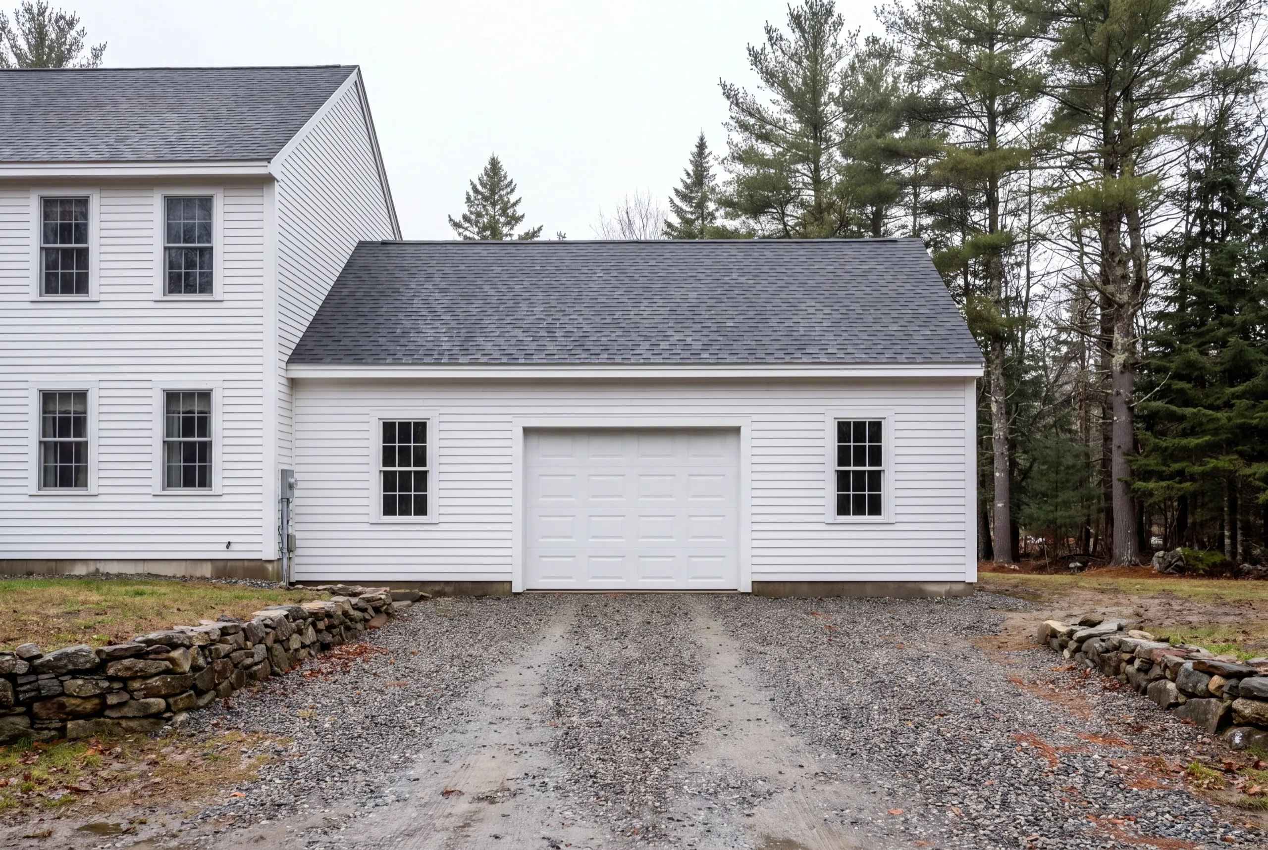 Garage builders Randolph Maine: white colonial with an attached one-bay garage wing on a gravel drive