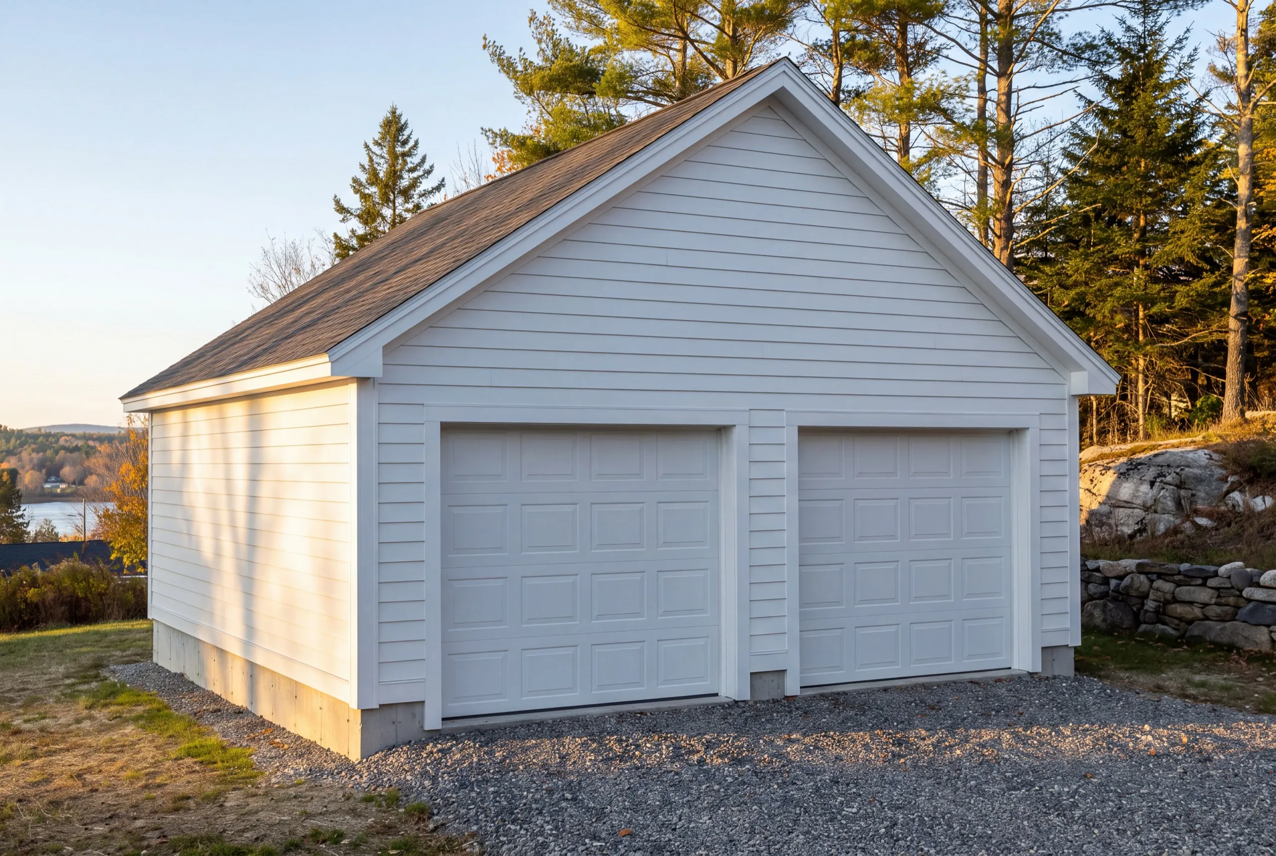 Detached garage builder Randolph Maine: finished white detached two-bay garage on a gravel pad with a lake view