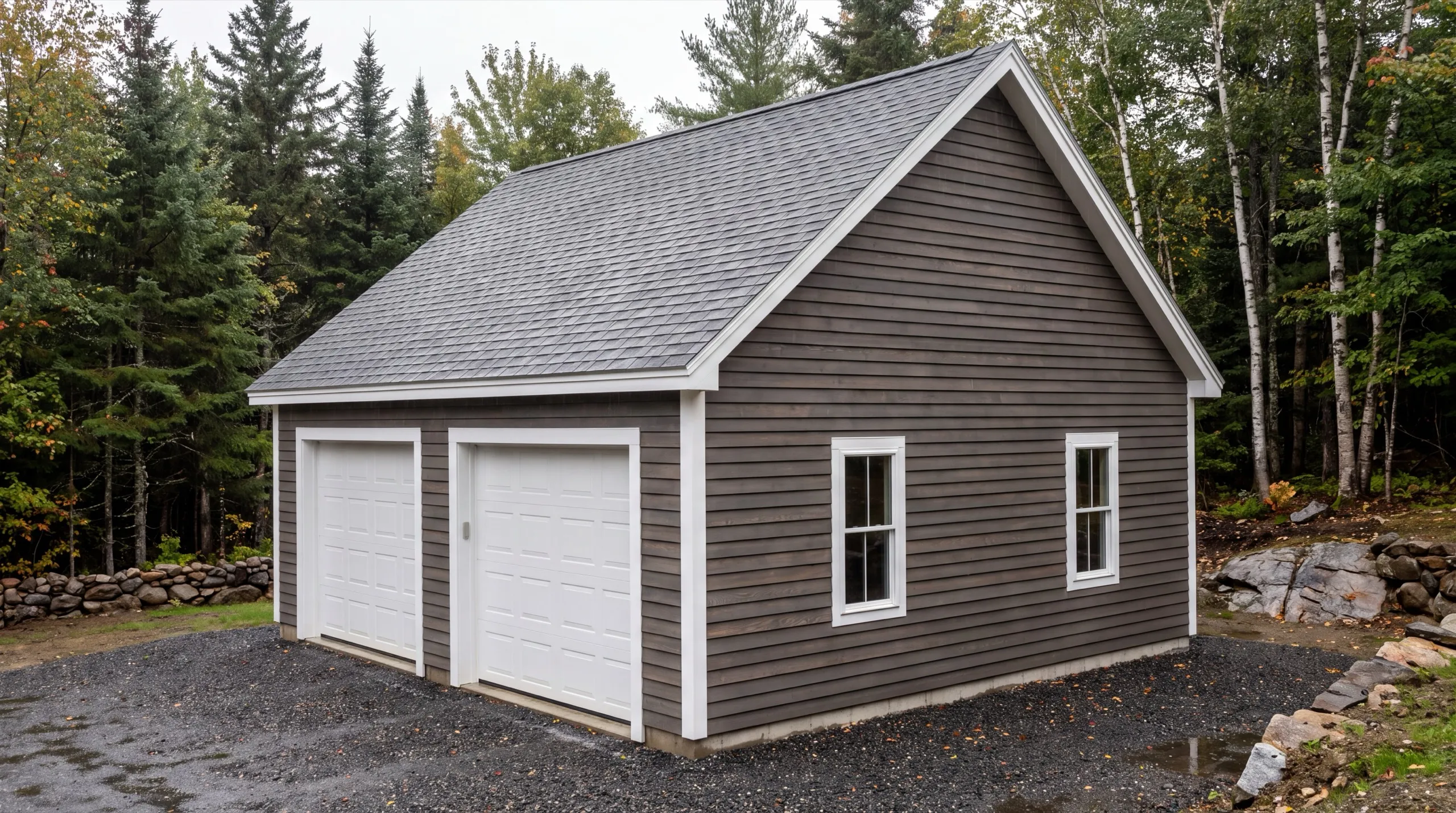 Garage builders in Randolph, ME: finished detached two-bay garage with brown lap siding and white doors