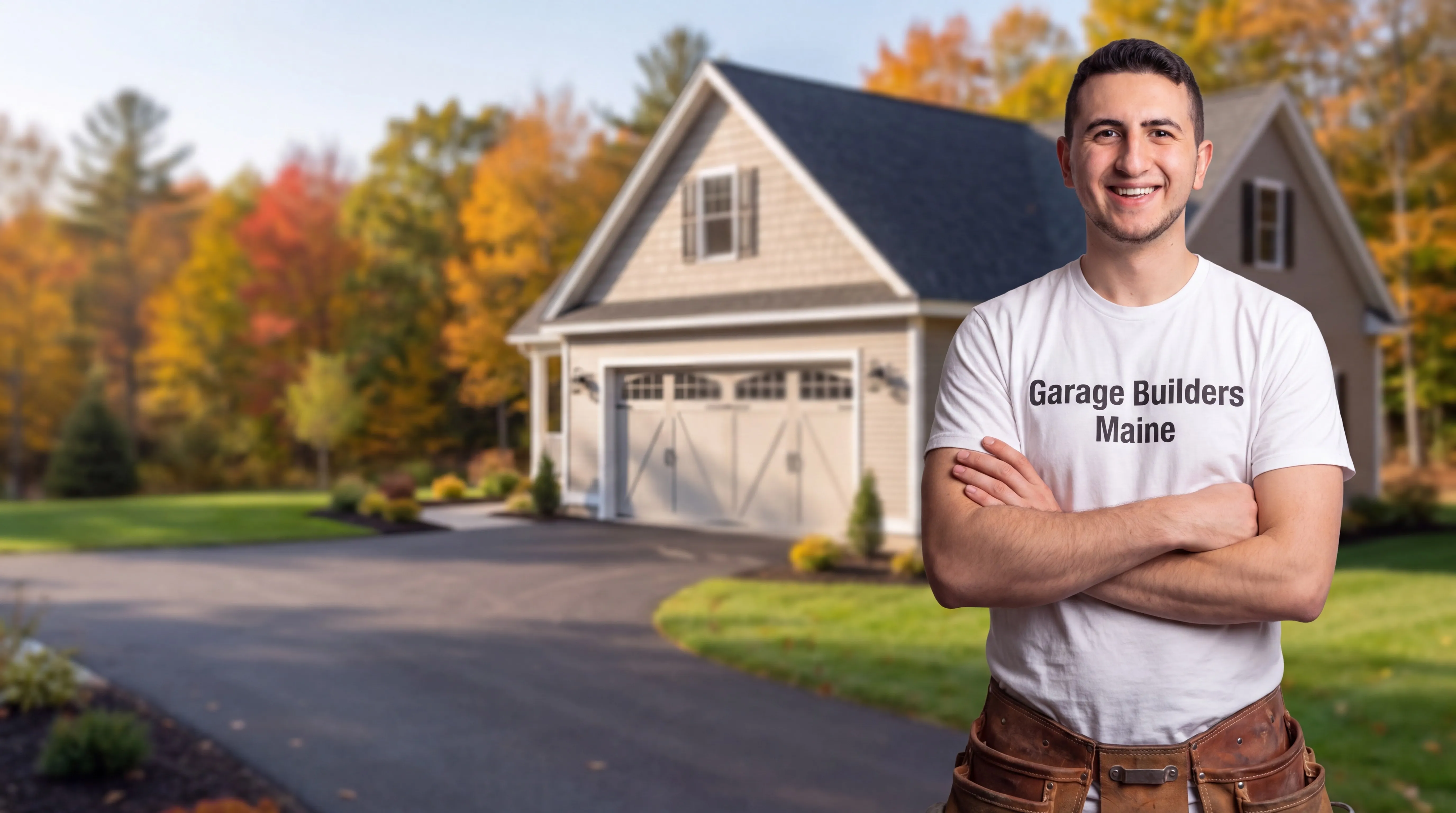 Owner of Garage Builders Maine standing with his arms crossed and smiling at a Maine job site