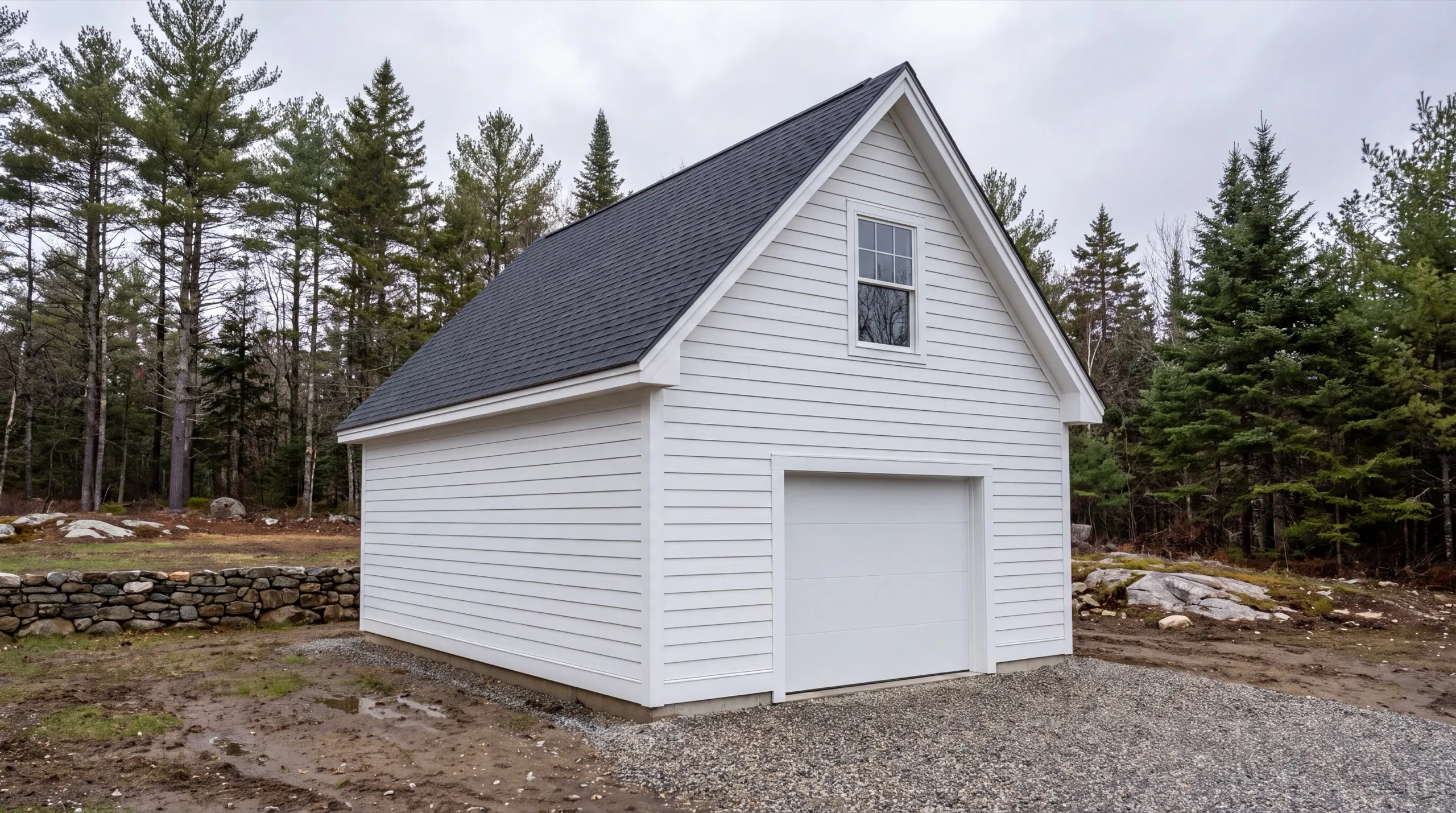 Custom garage builder Randolph Maine: finished detached one-bay white garage with a gable window and gravel drive