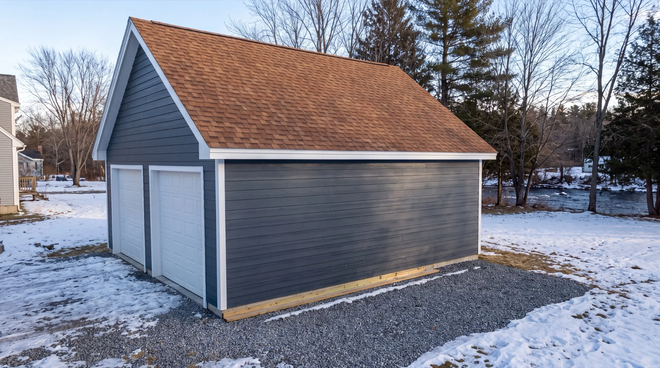Garage builders Randolph Maine: detached two-bay garage with gray-blue lap siding and a brown roof in snow