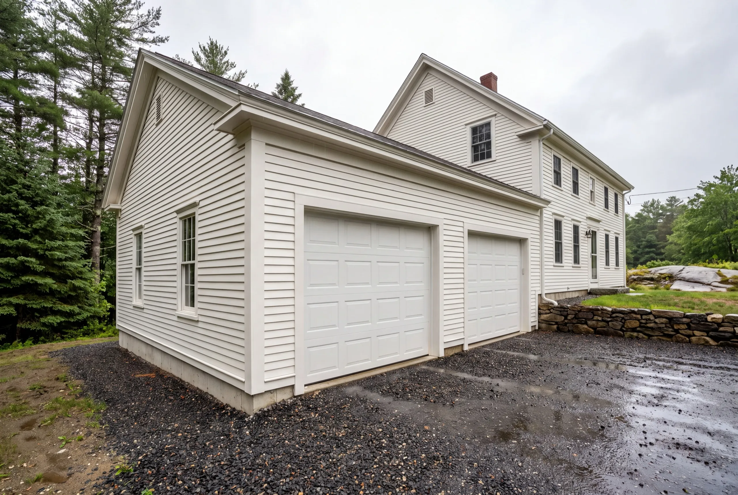 Garage builders Richmond Maine: white two-bay garage wing attached to a two-story white farmhouse