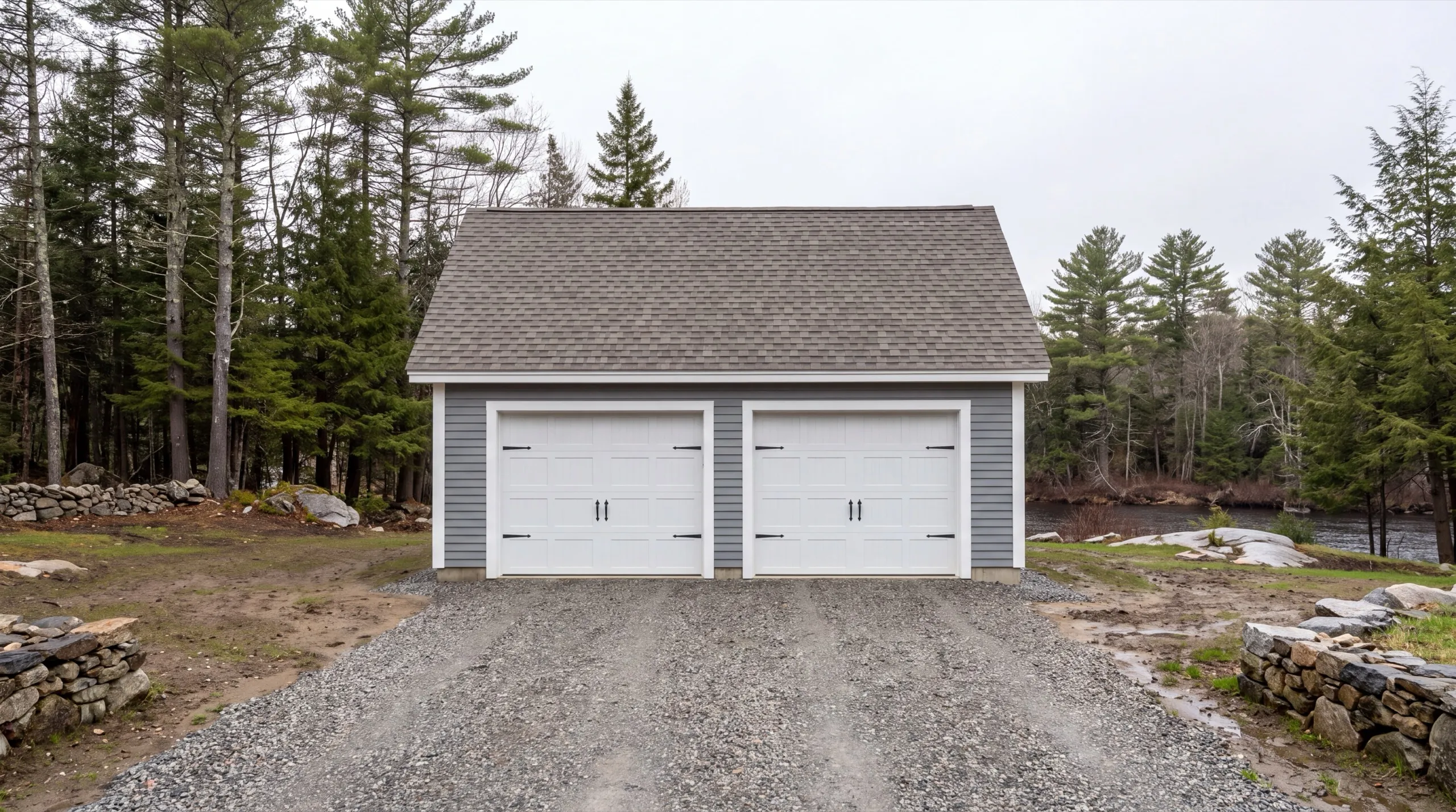 Garage builders in Richmond, ME: finished detached two-bay garage with gray siding and white carriage doors by a river