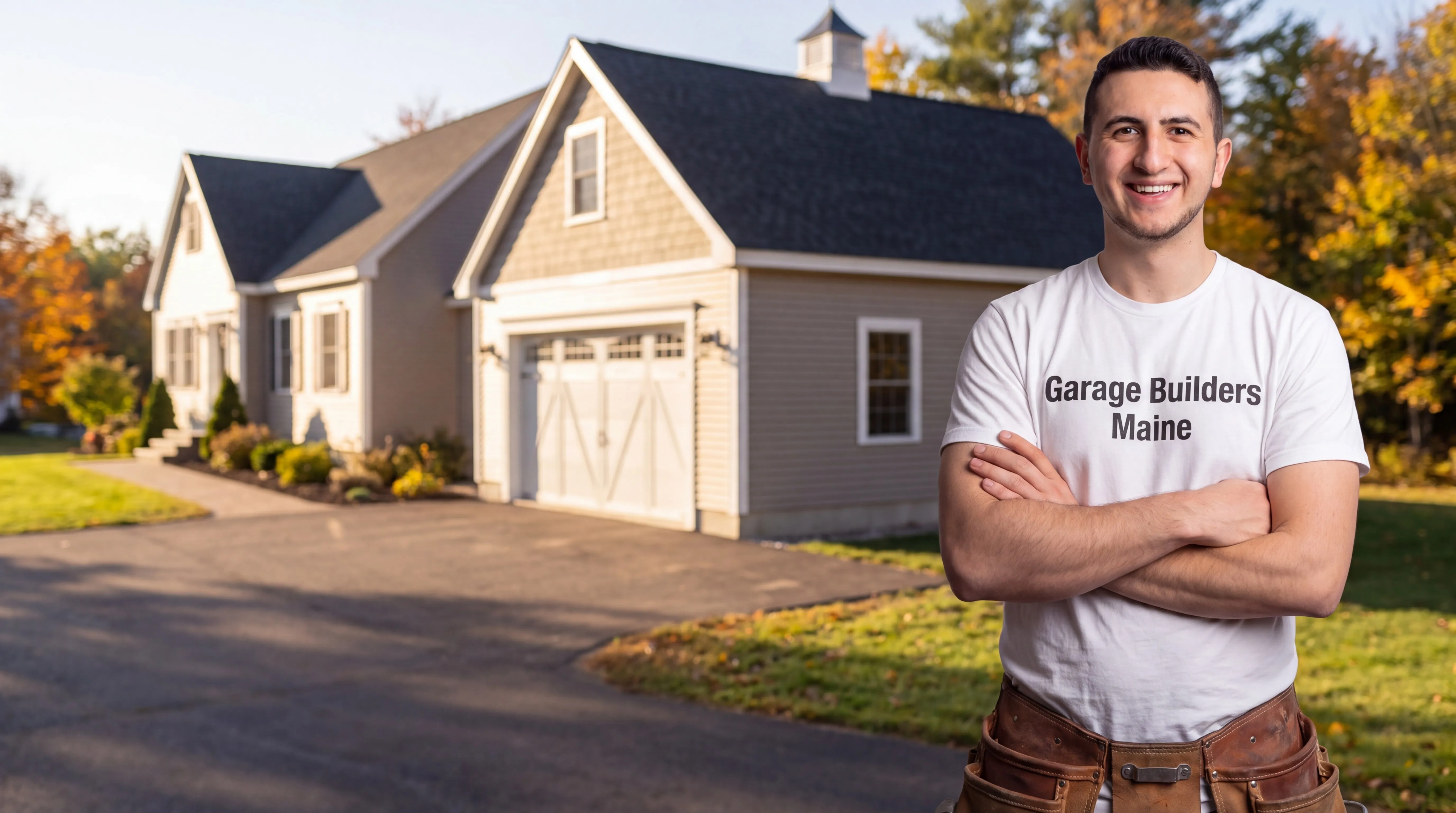 Owner of Garage Builders Maine standing with his arms crossed and smiling at a Maine job site