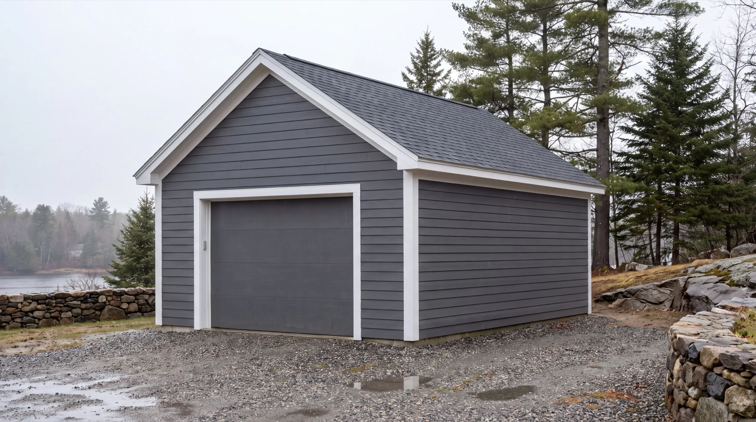 Garage builders Richmond Maine: finished one-bay garage with gray siding and a gray door near the water