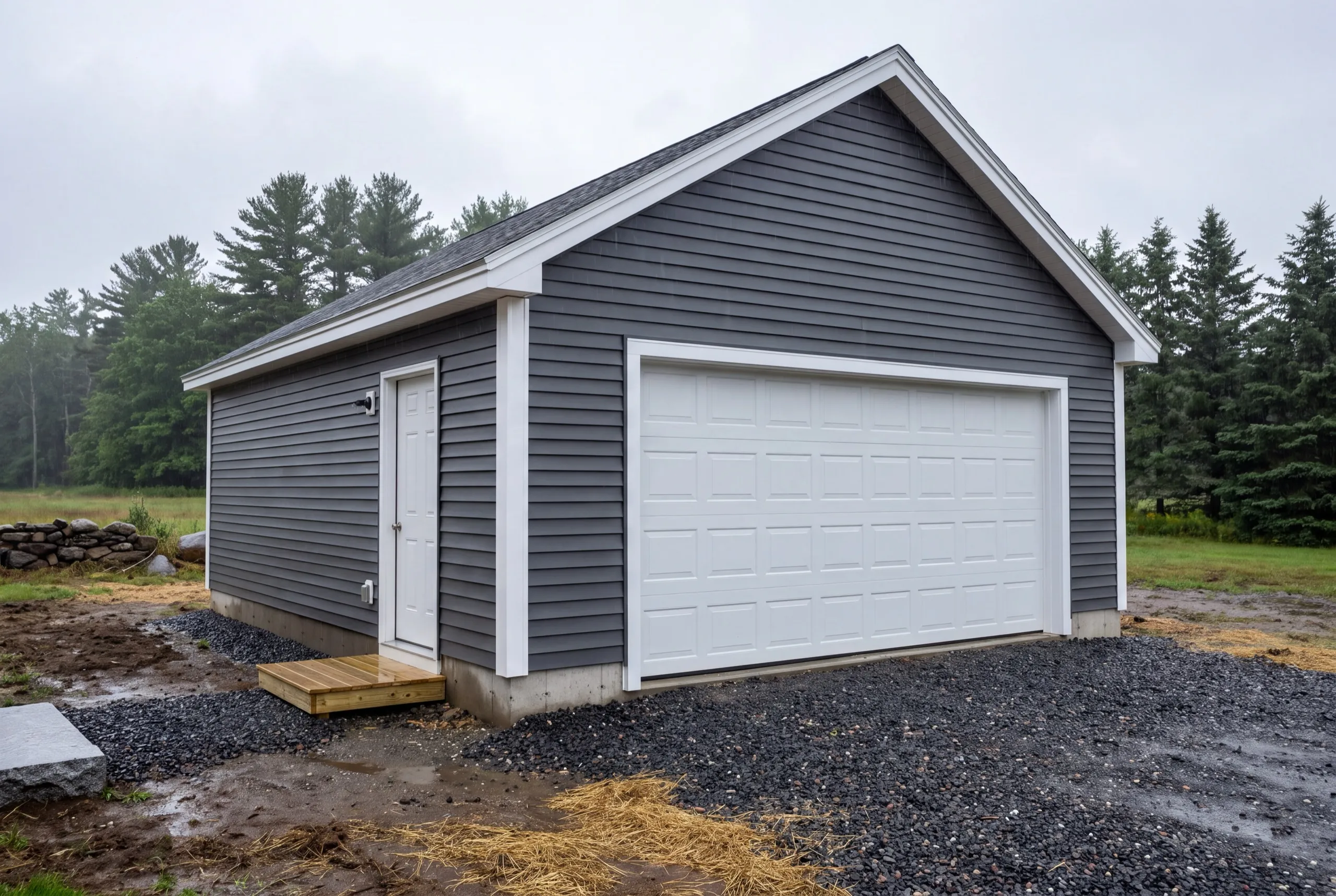 Custom garage builder Sidney Maine: detached gray garage with one wide white door and a side entry door