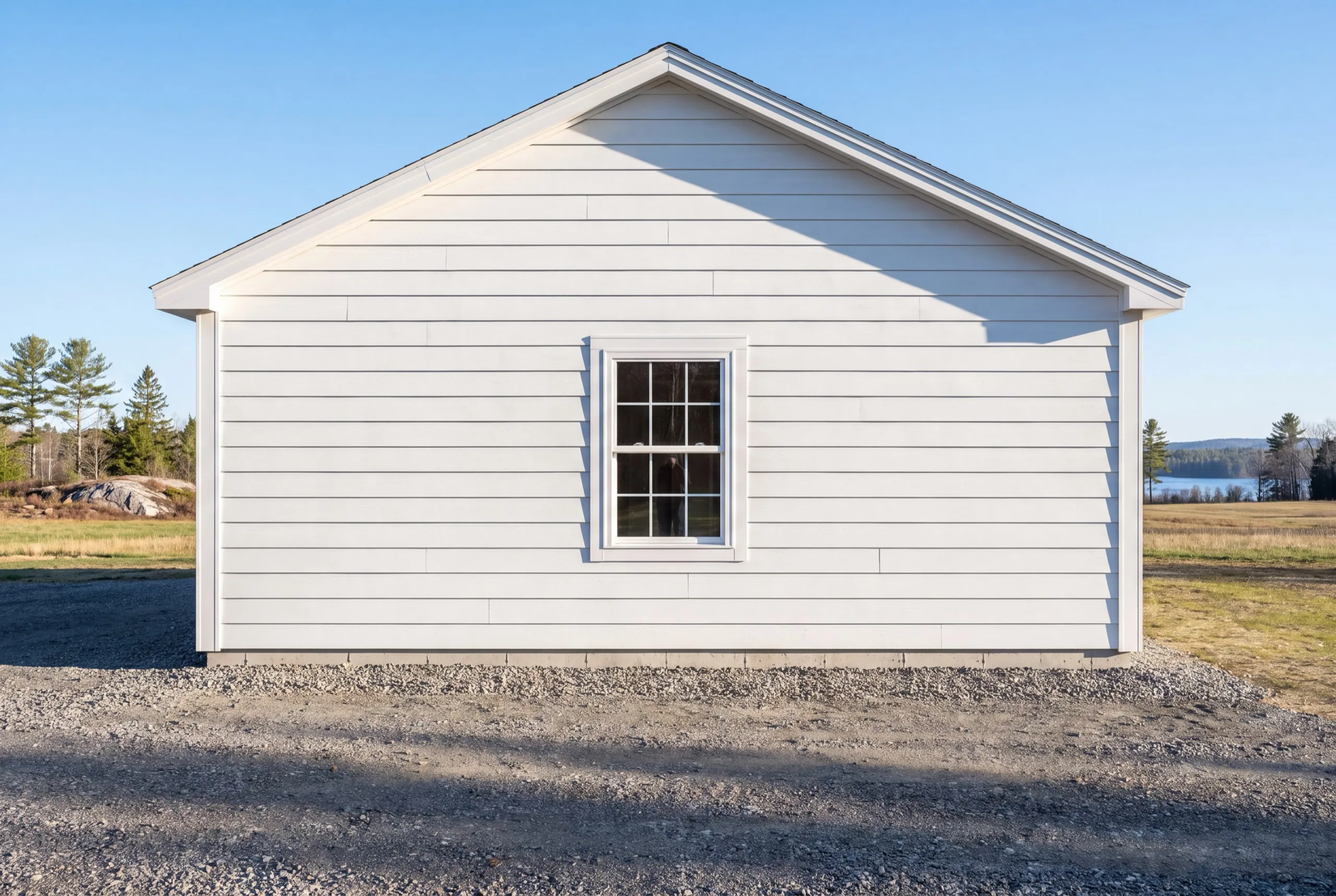 Gable end of a white standalone building with one window on gravel in Sidney, Maine