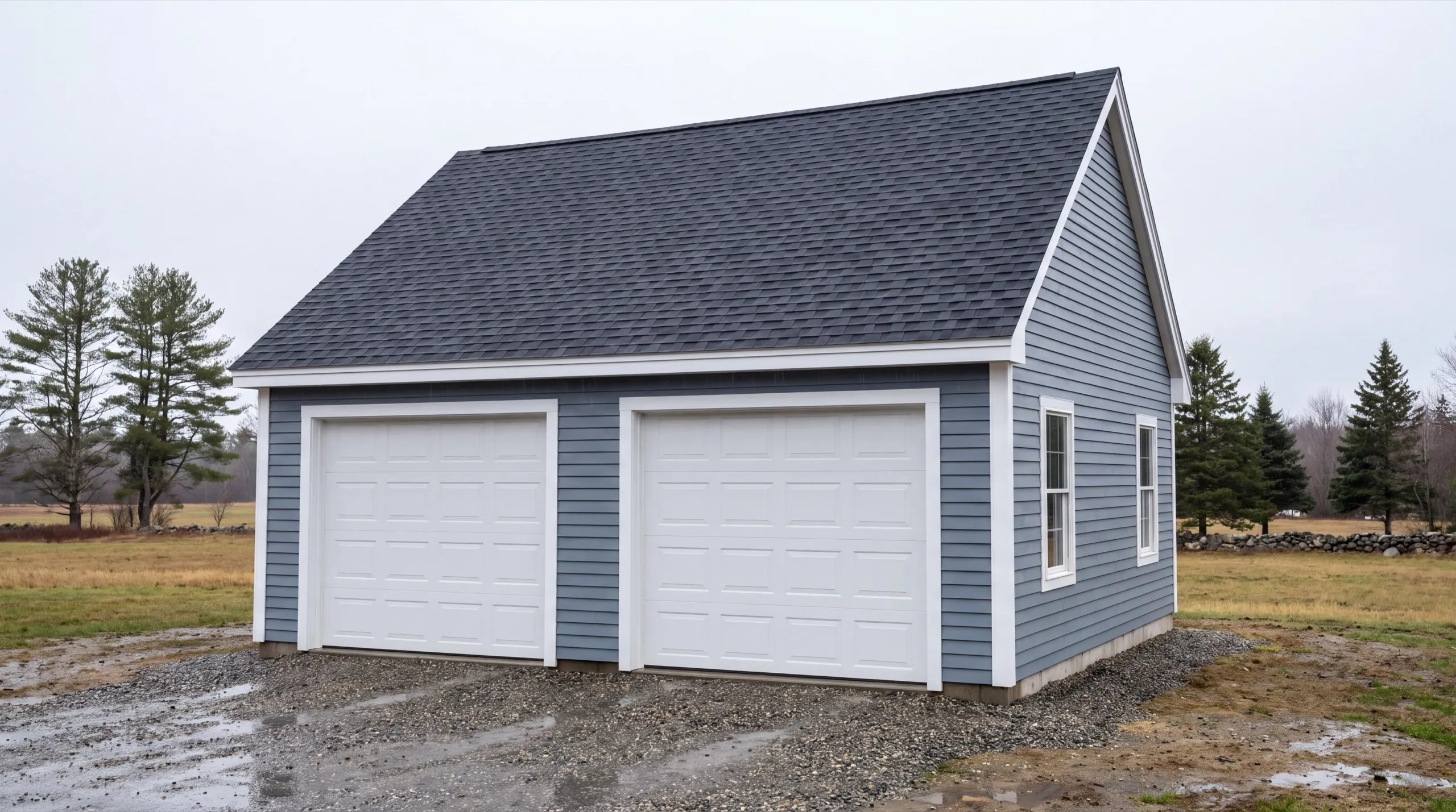Garage builders in Sidney, ME: finished detached two-bay garage with blue-gray siding on an open field