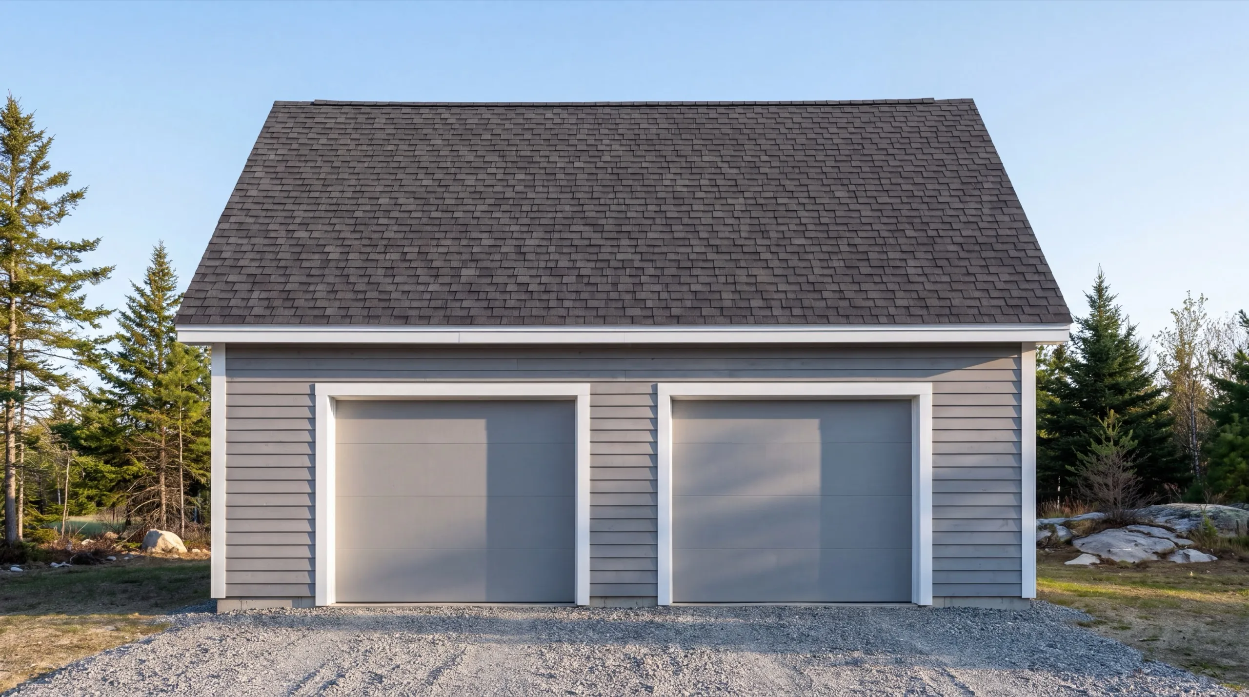 Detached garage builder Sidney Maine: gray two-bay garage with gray overhead doors on a gravel drive