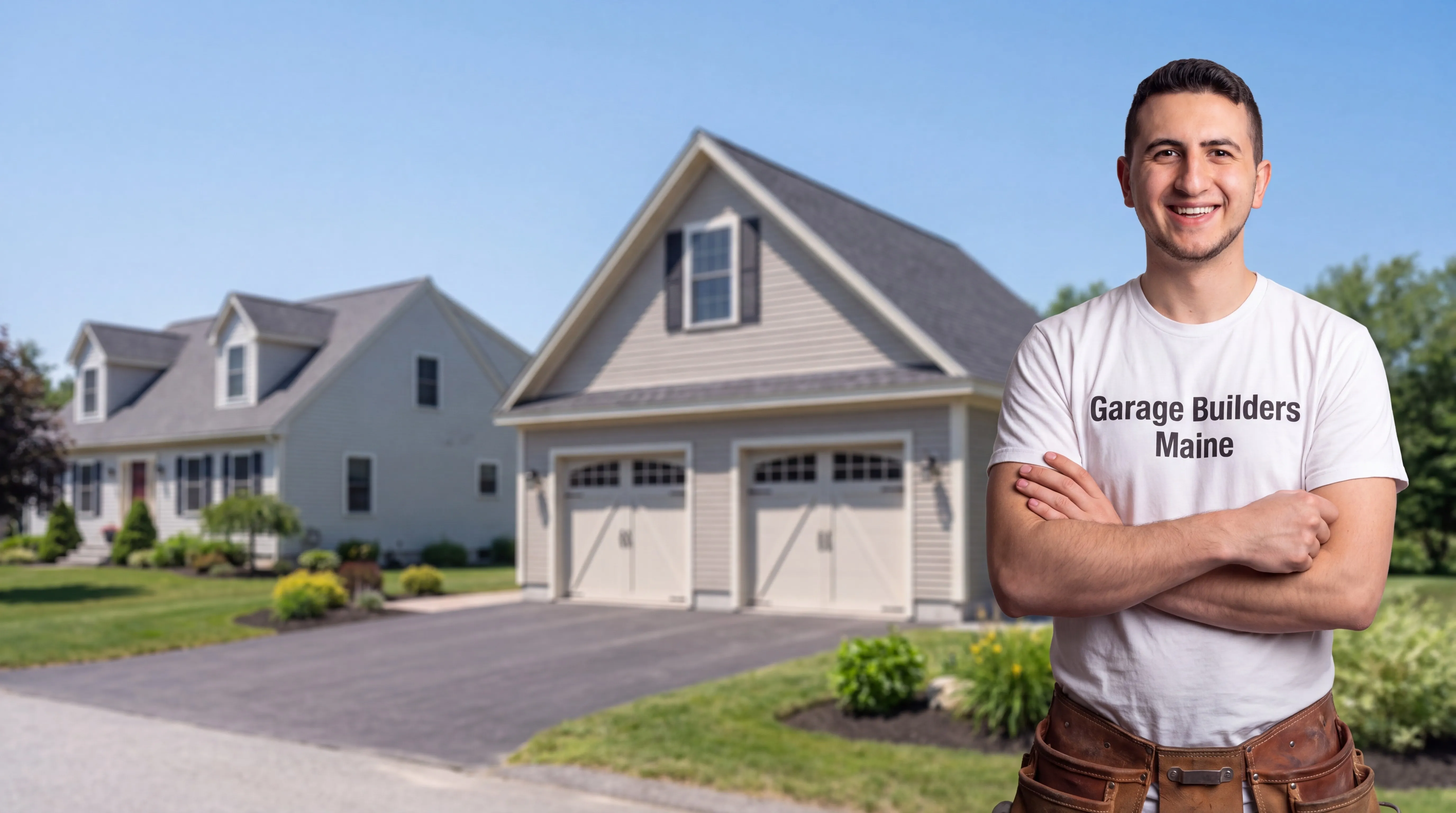 Garage builders Sidney Maine: owner with arms crossed in front of a cape with an attached two-bay garage