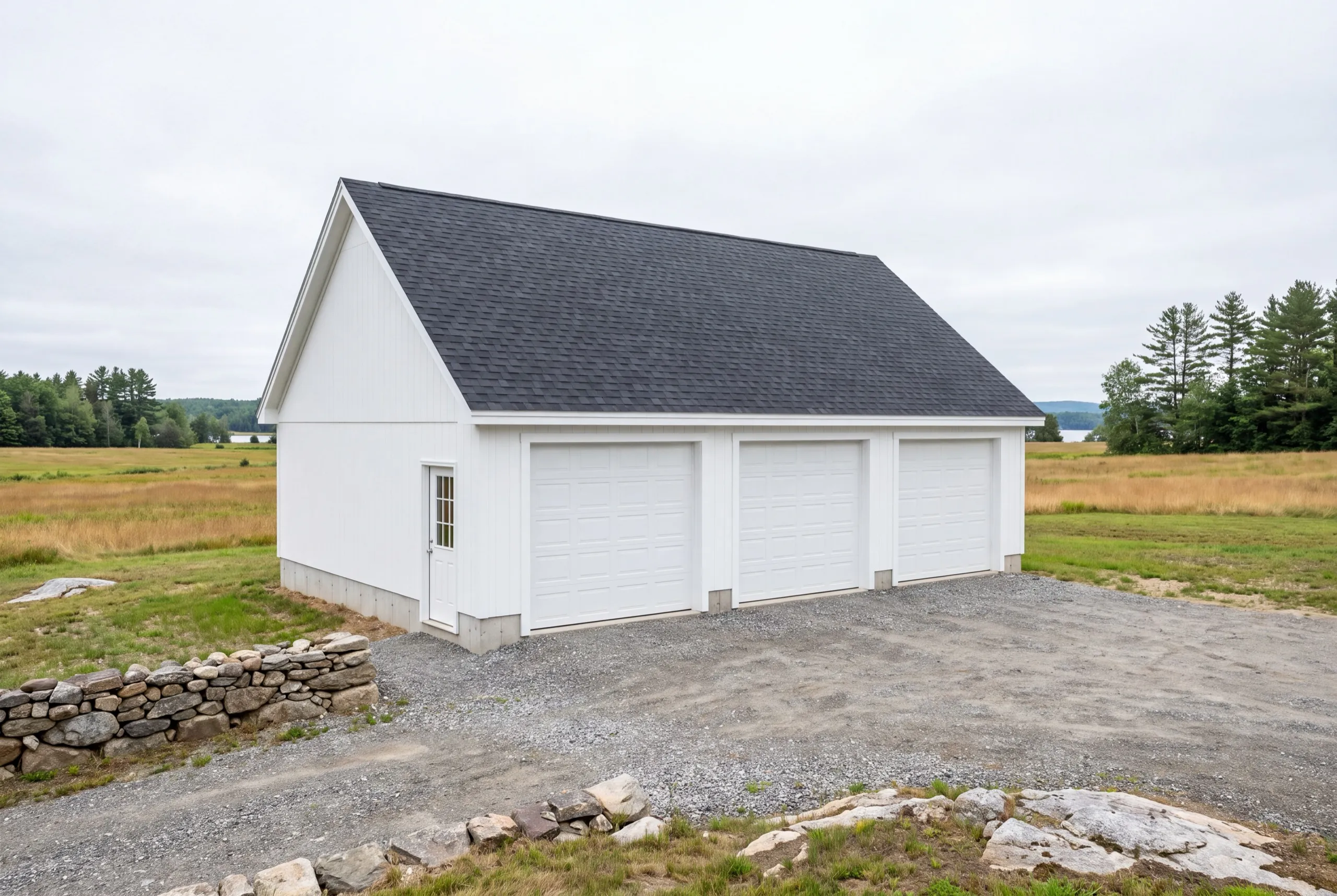 Garage builders Sidney Maine: finished white three-bay garage with a side door on an open field