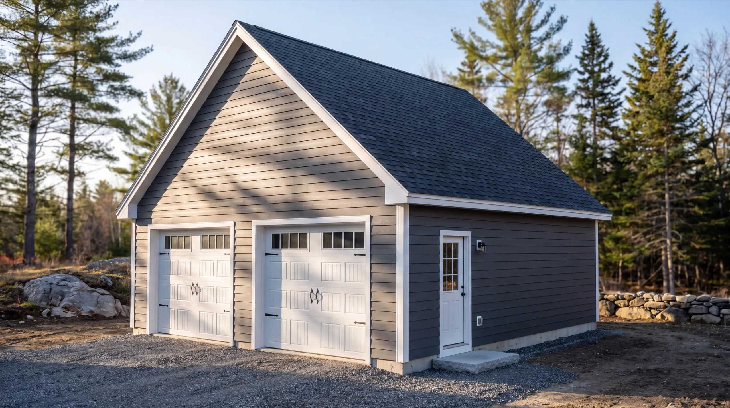 Garage builder Central Maine: finished gray two-bay garage with white carriage doors and a side entry door