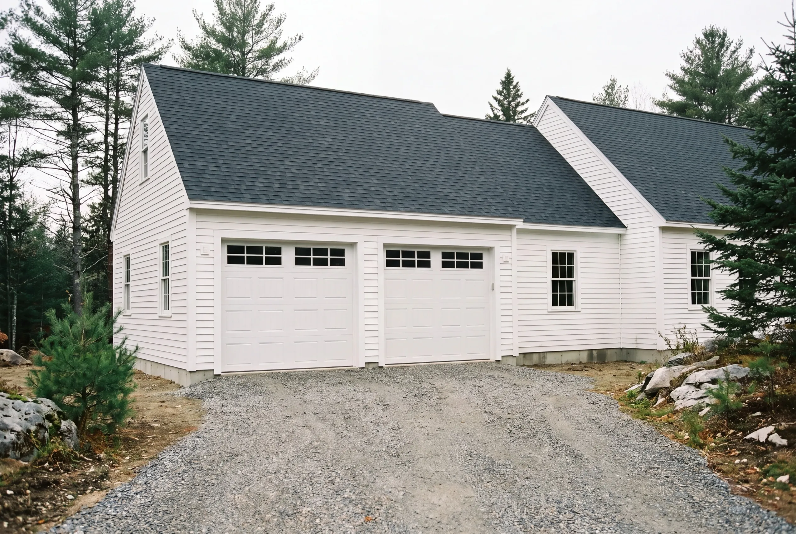 Garage builder Vassalboro Maine: white cape with an attached two-bay garage under one roof with windowed doors