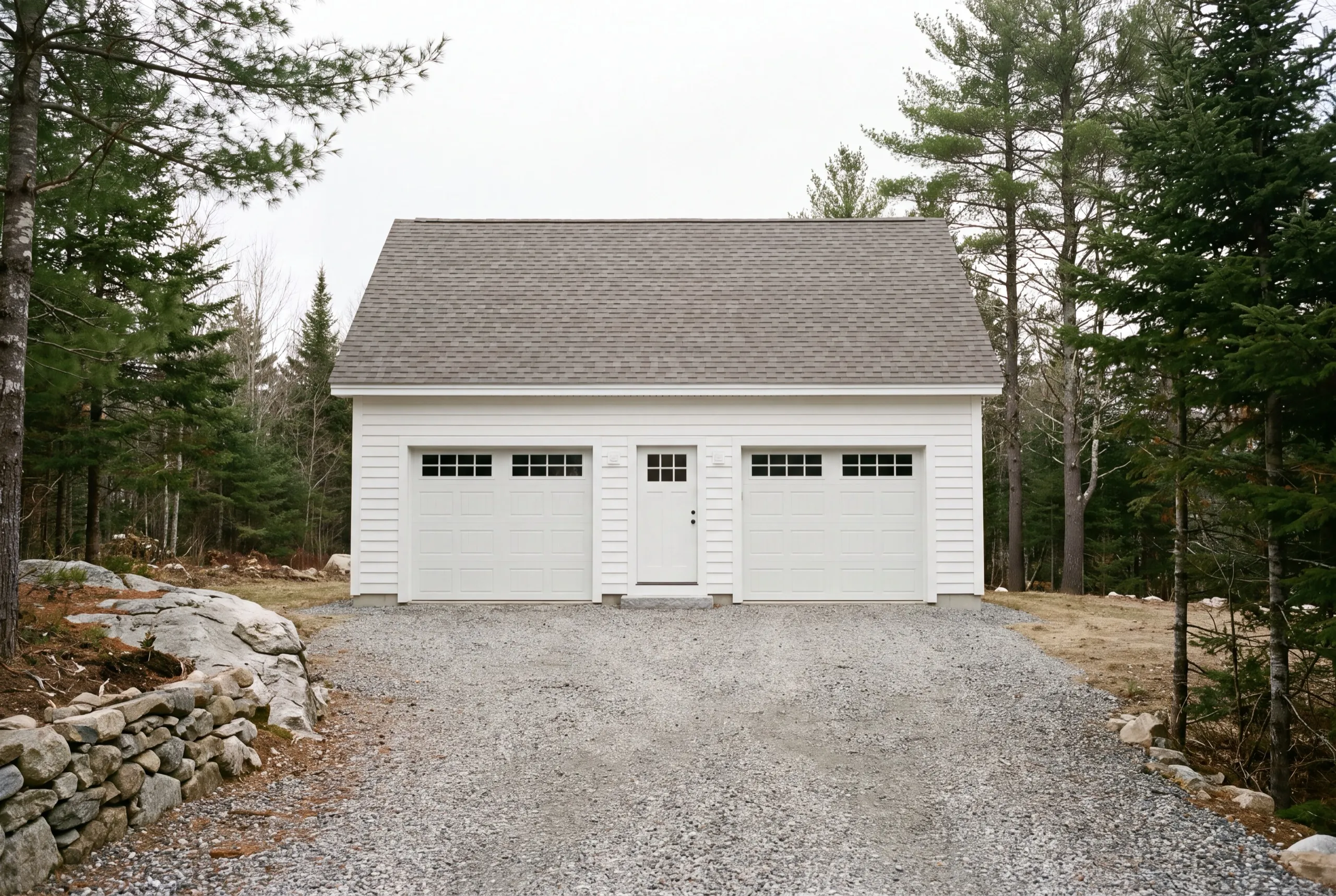Detached garage builder Vassalboro Maine: detached white two-bay garage with a center entry door on a gravel drive