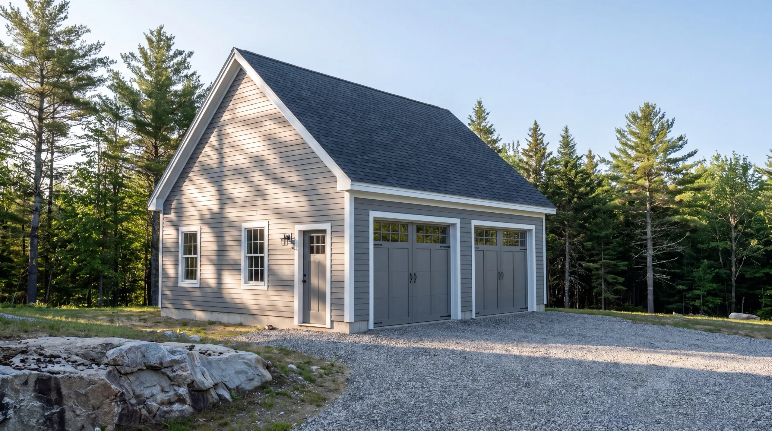long rural driveway access to a Vassalboro garage build