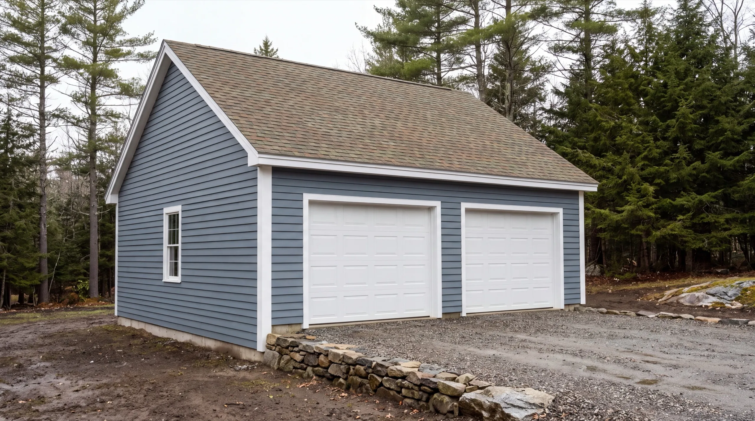 Garage builders in Vassalboro, ME: finished detached two-bay garage with blue-gray siding and white doors in the woods