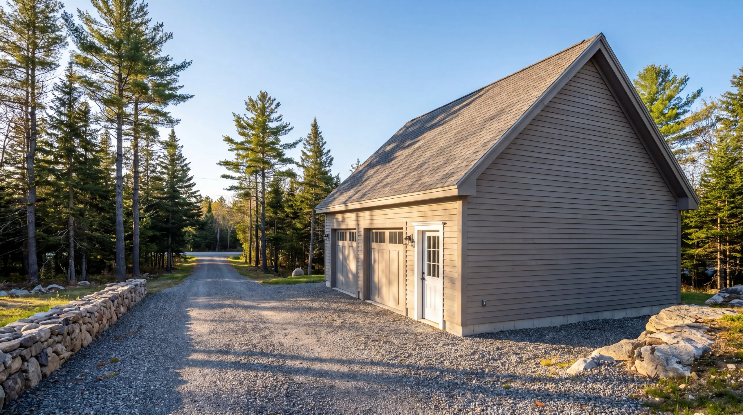 Detached garage builder Vassalboro Maine: gray two-bay garage beside a long gravel driveway through pines
