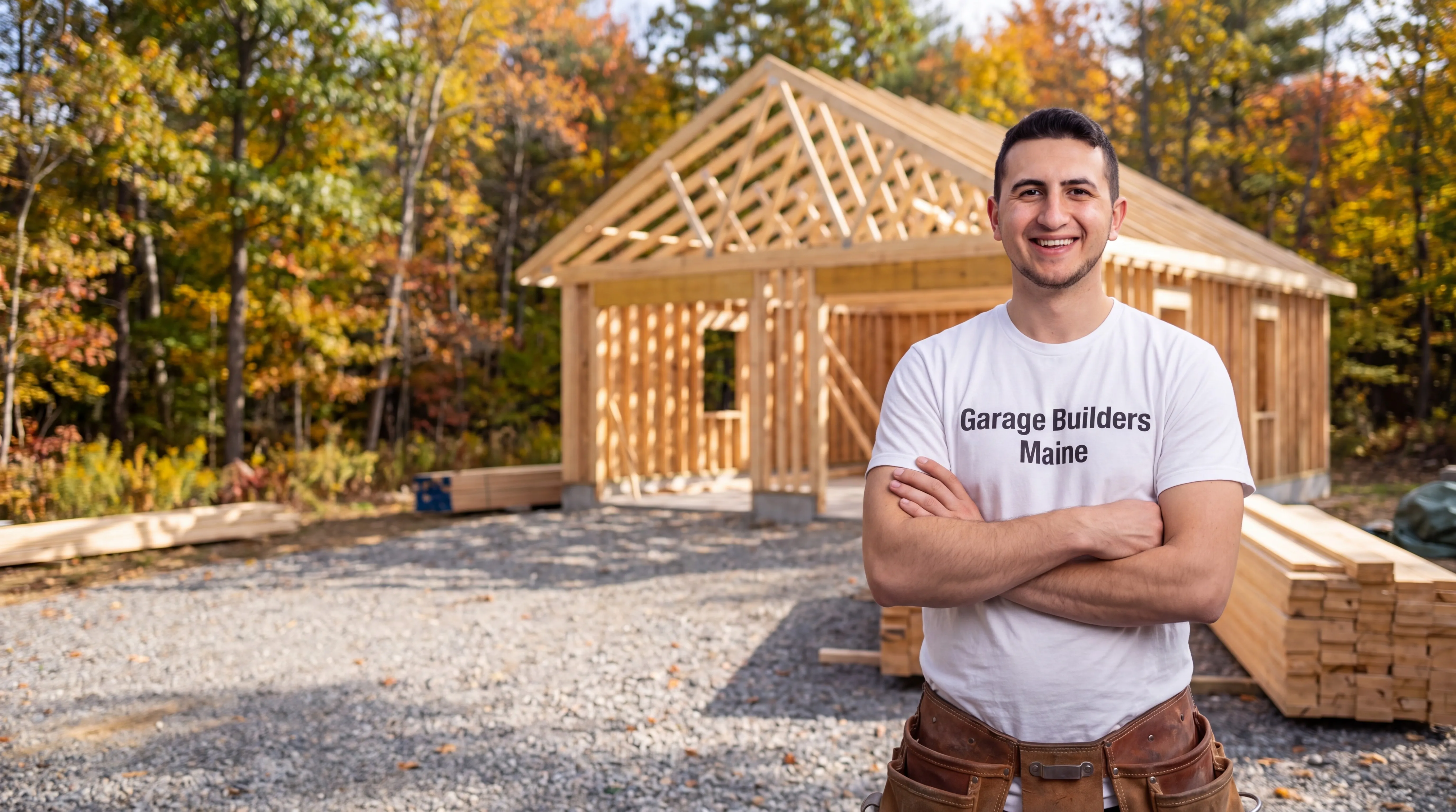 Garage builders Vassalboro Maine: owner with arms crossed in front of a framed garage with roof trusses set