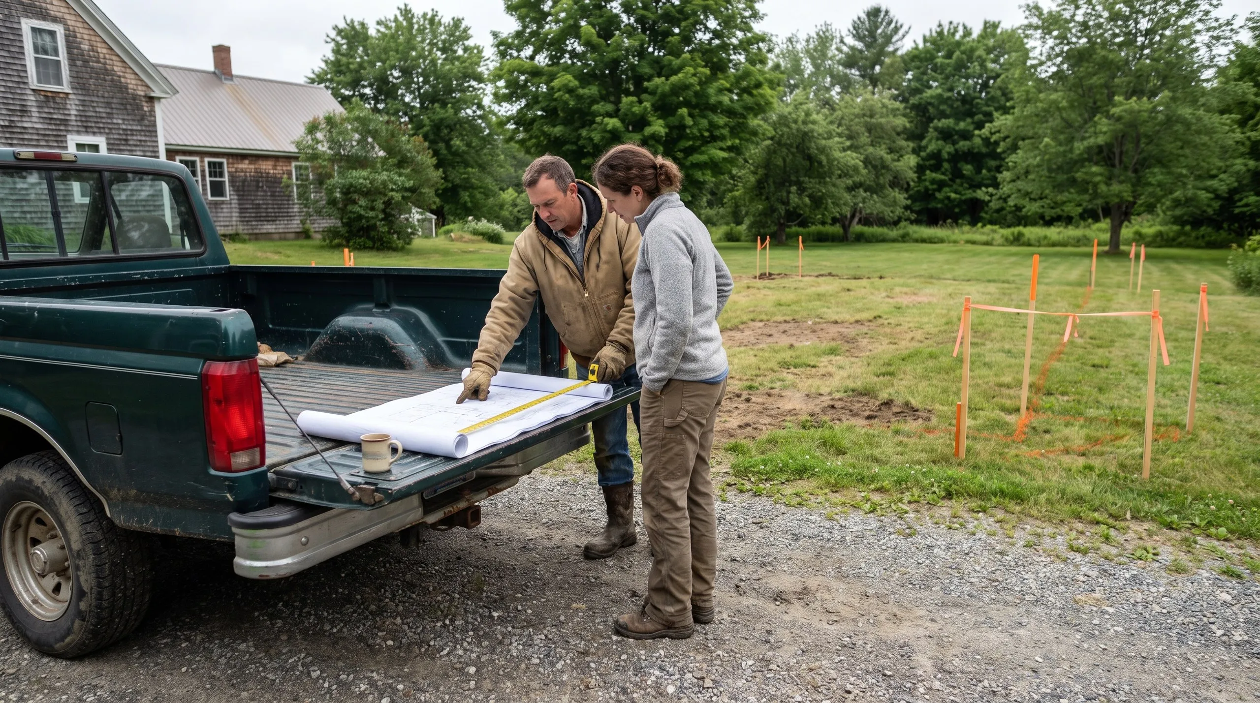 Garage builders Vassalboro Maine: builder with a tape measure reviews plans on a pickup tailgate with a homeowner by a staked site
