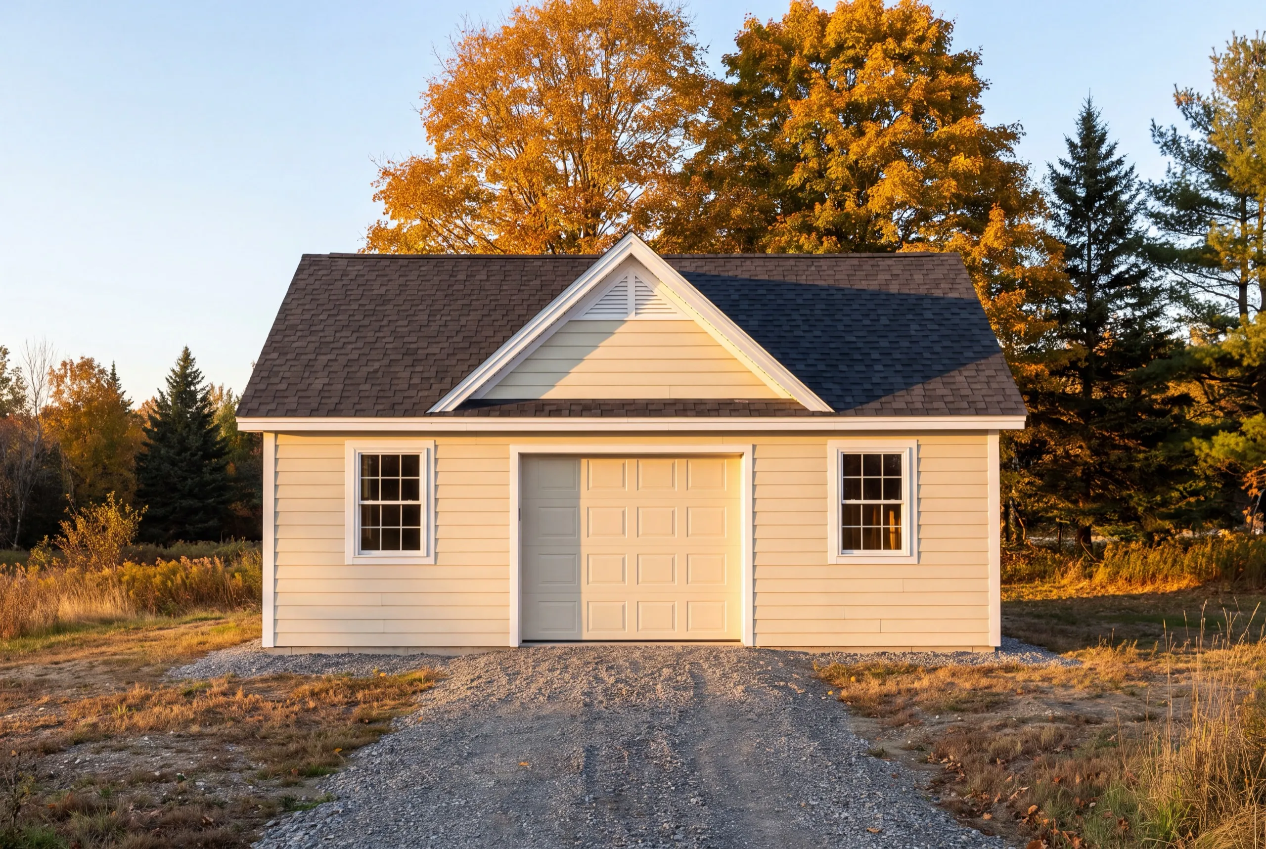 Custom garage builder West Gardiner Maine: detached pale yellow one-bay garage with a front gable and gravel drive