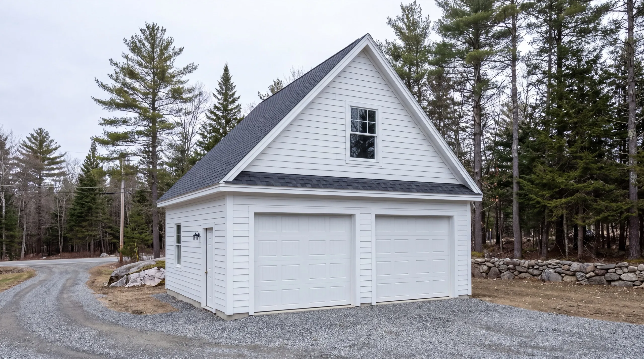 Garage builders in West Gardiner, ME: finished white two-bay garage with a gable window on a gravel drive