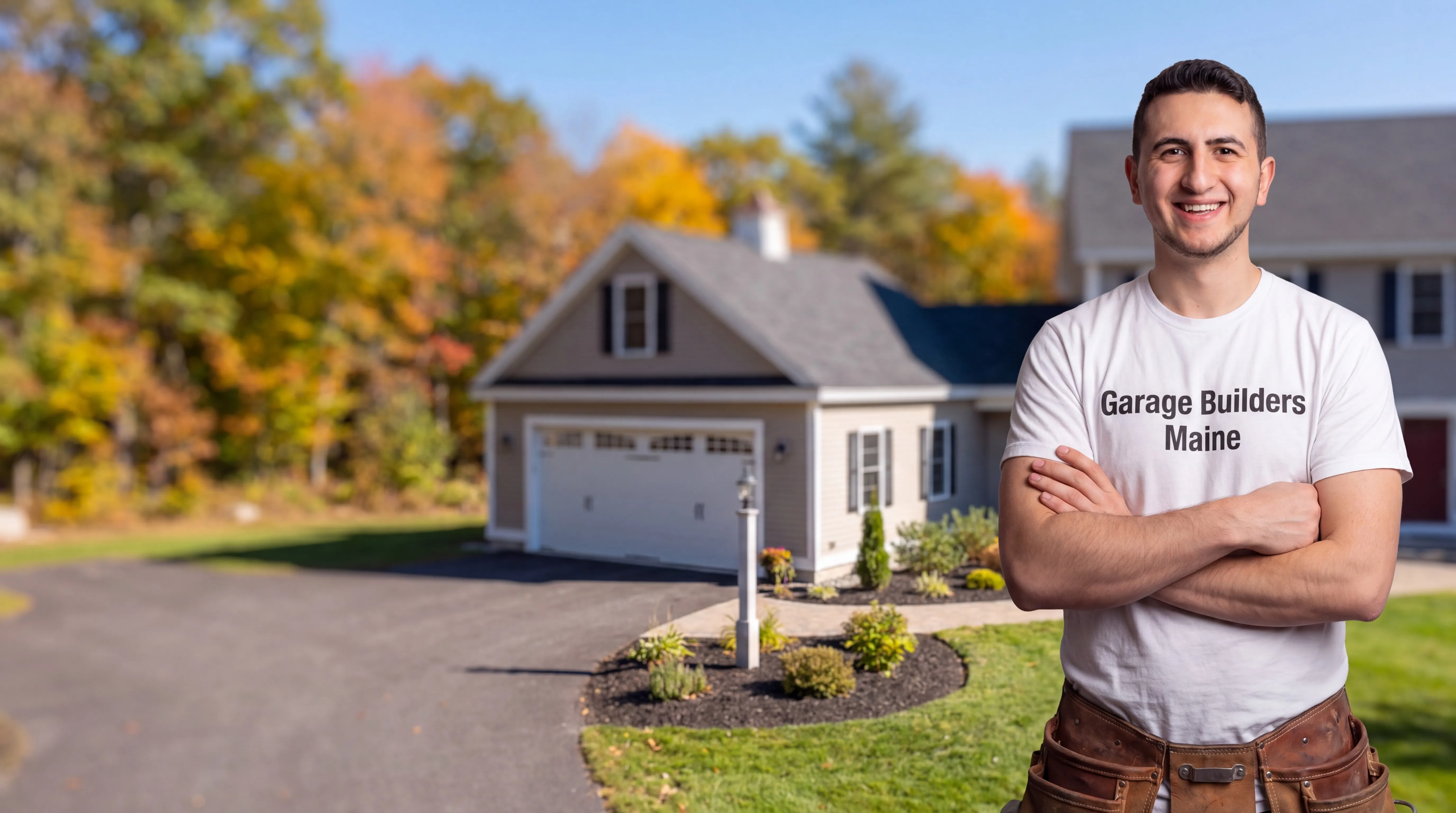 Garage builders West Gardiner Maine: owner with arms crossed by a paved drive and a house with attached garage