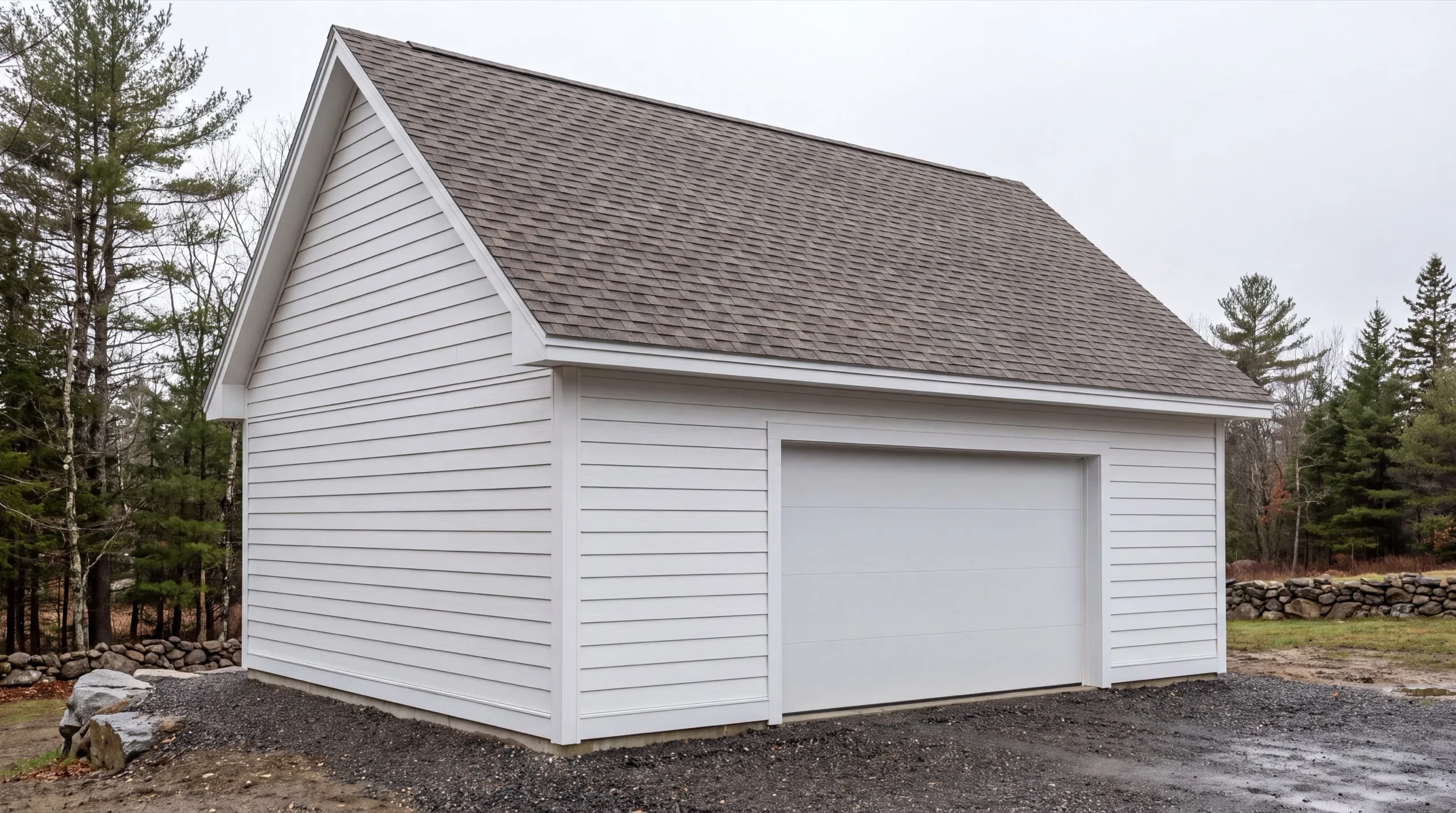 pole-barn-style garage build on a West Gardiner rural lot