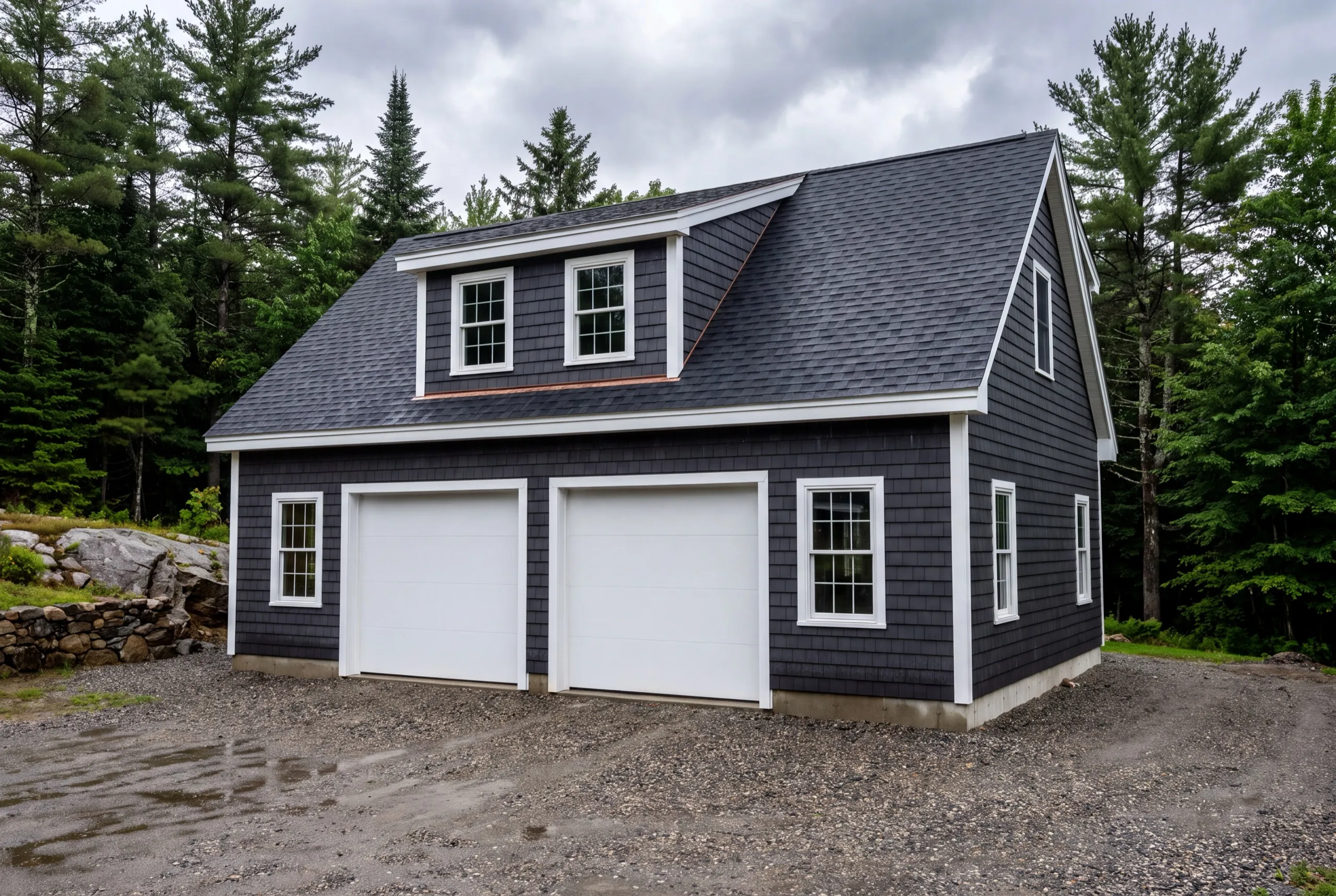 Garage builders West Gardiner Maine: dark blue garage with a two-window shed dormer loft over two white doors