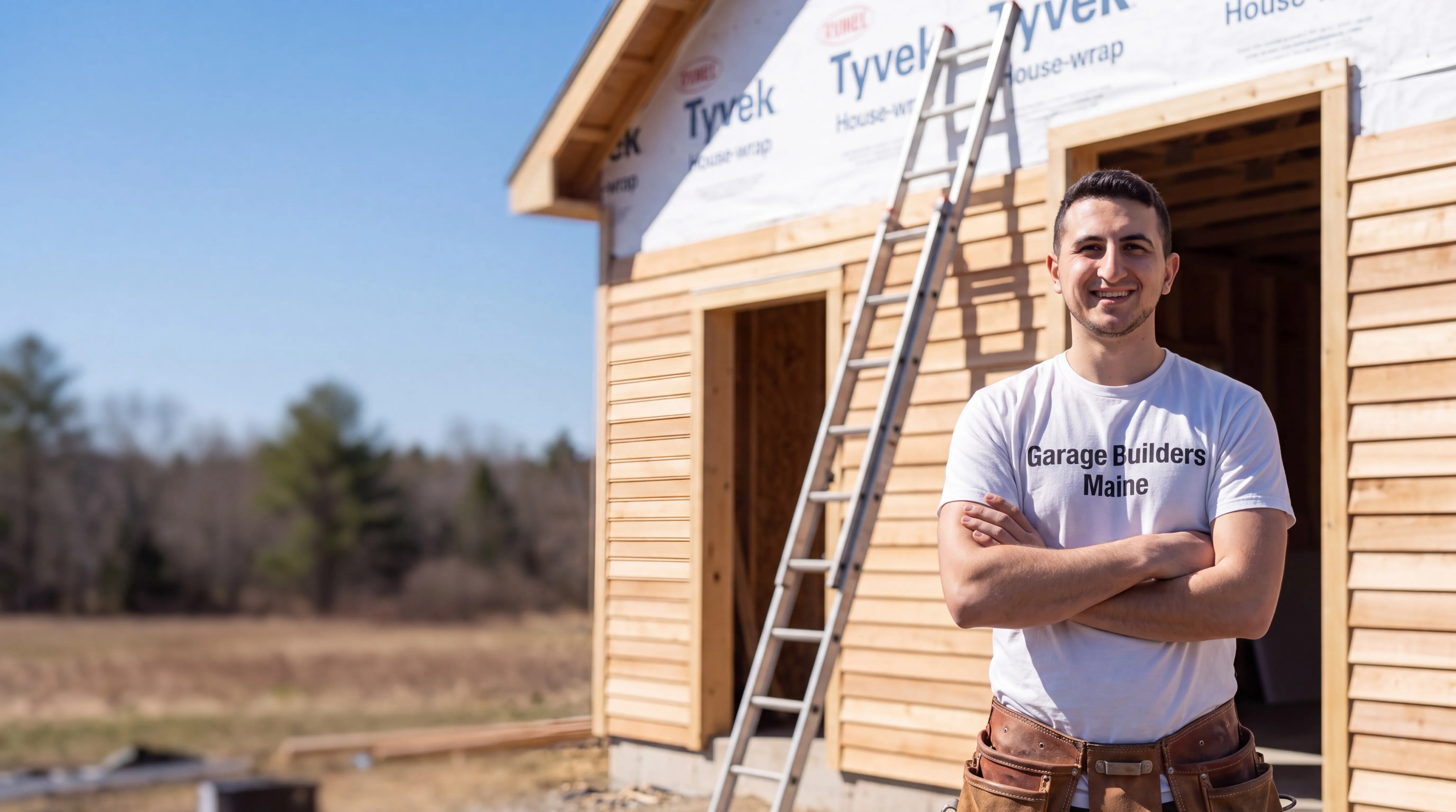 Owner of Garage Builders Maine standing with his arms crossed and smiling at a Maine job site