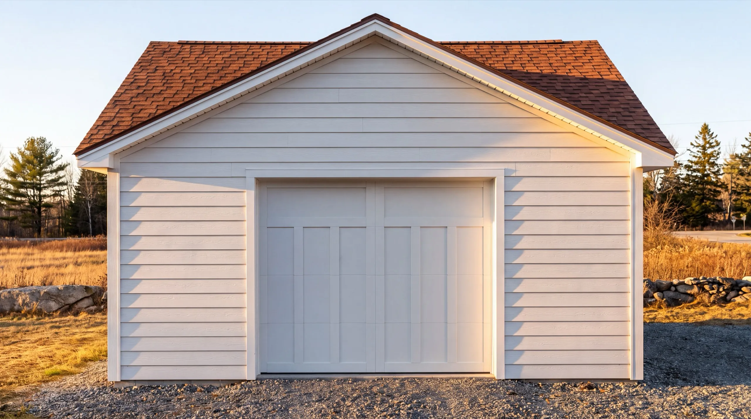 Custom garage builder Whitefield Maine: white one-bay garage with a carriage-style door and a brown roof