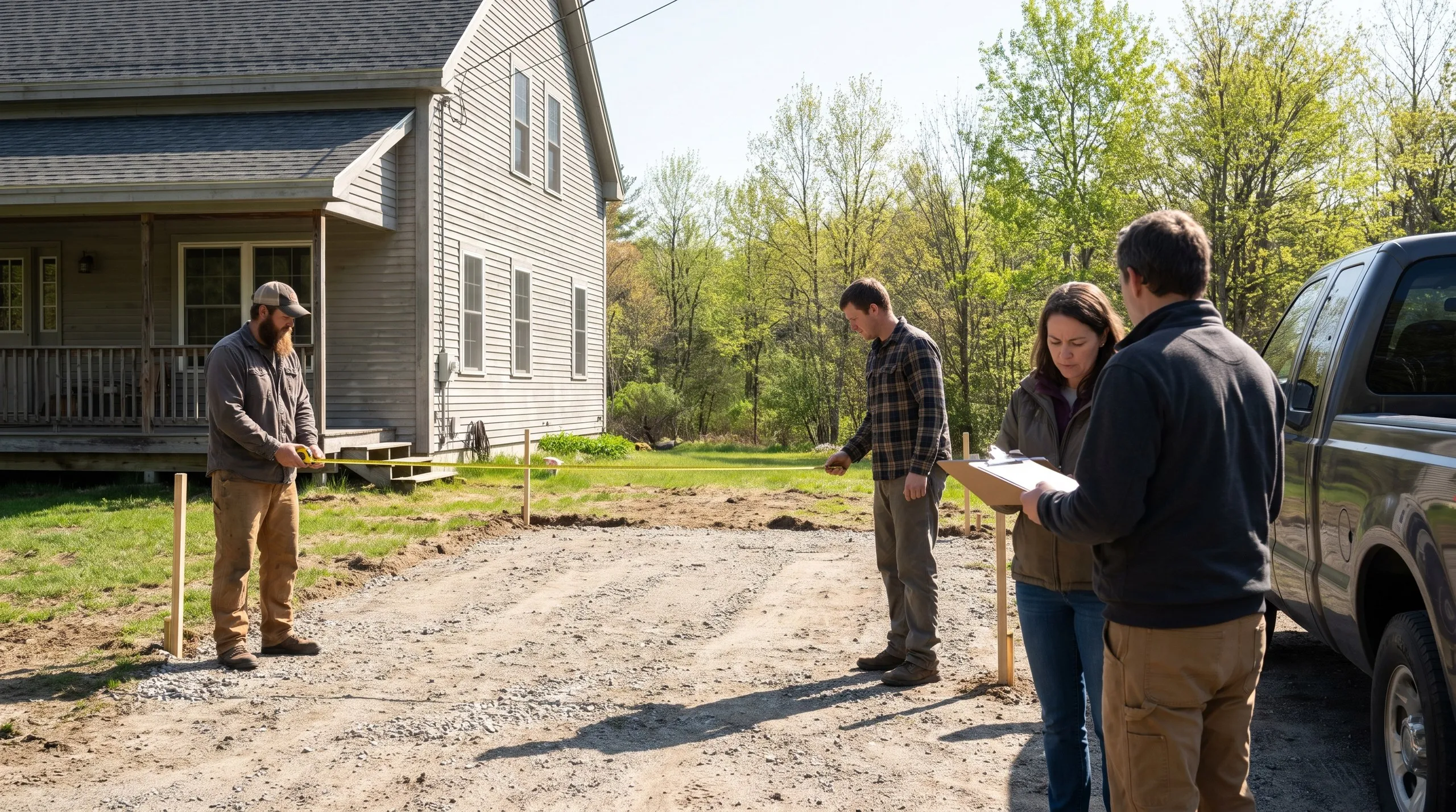 Detached garage builder Whitefield Maine: two builders measure between layout stakes on a gravel pad as a couple reviews a clipboard