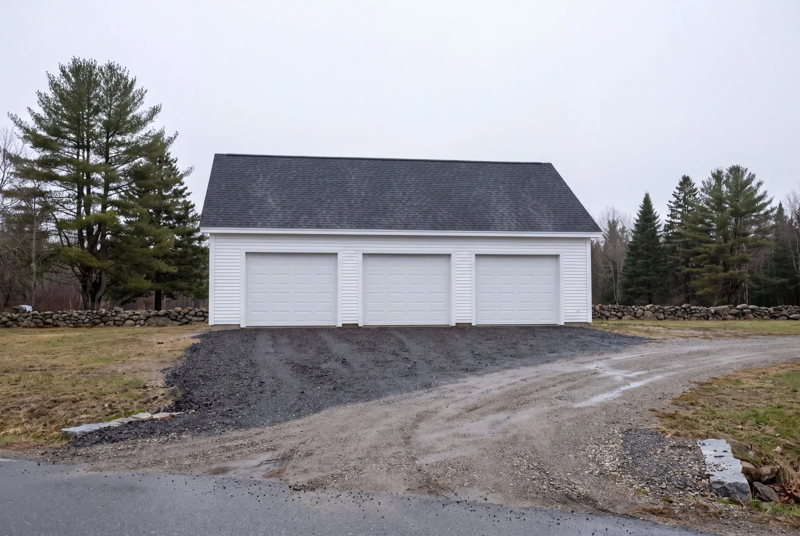 Custom garage builder Windsor Maine: white three-bay garage with plain doors on a fresh gravel drive