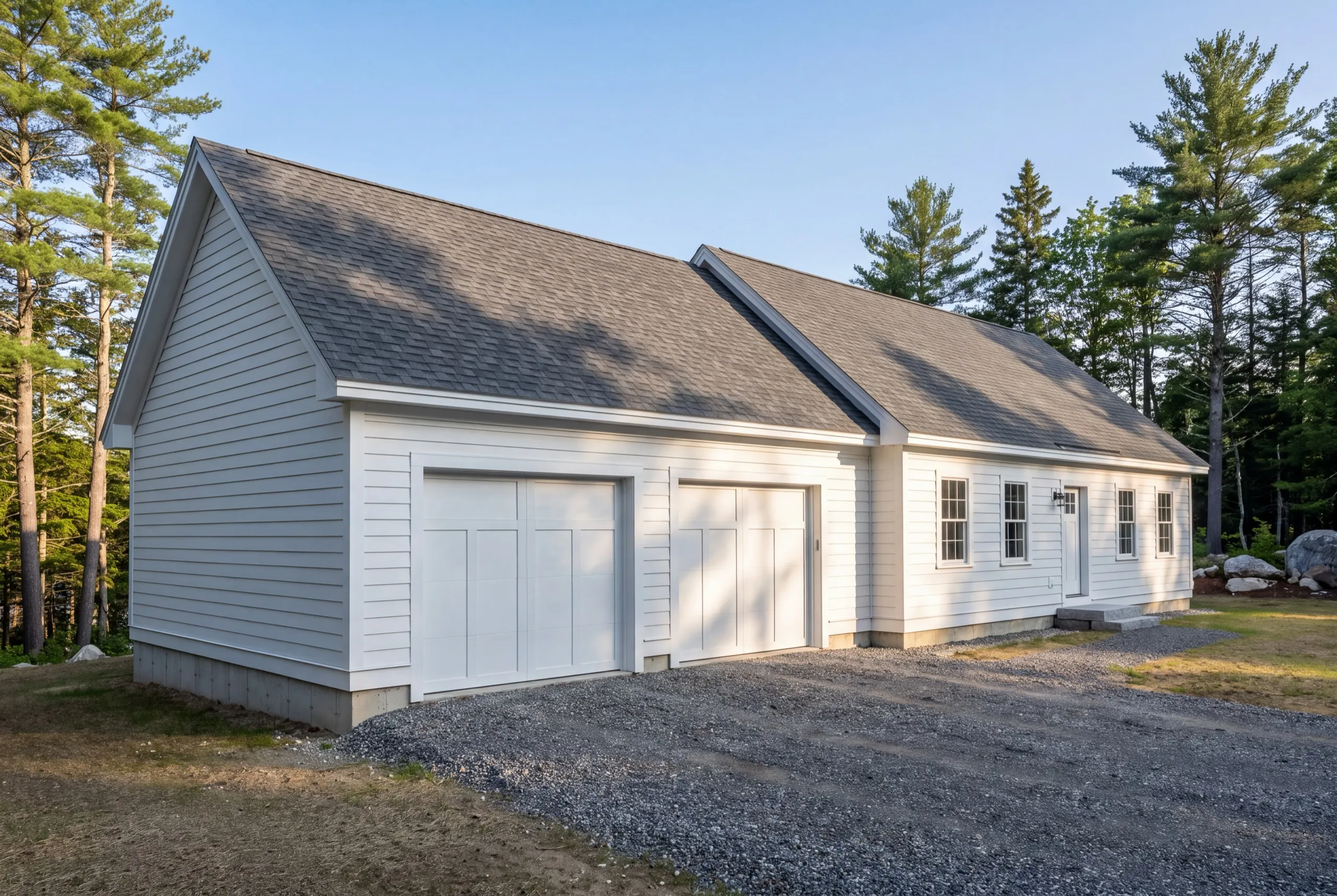 Garage builder Winthrop Maine: white cape with an attached two-bay garage under a continuous roofline