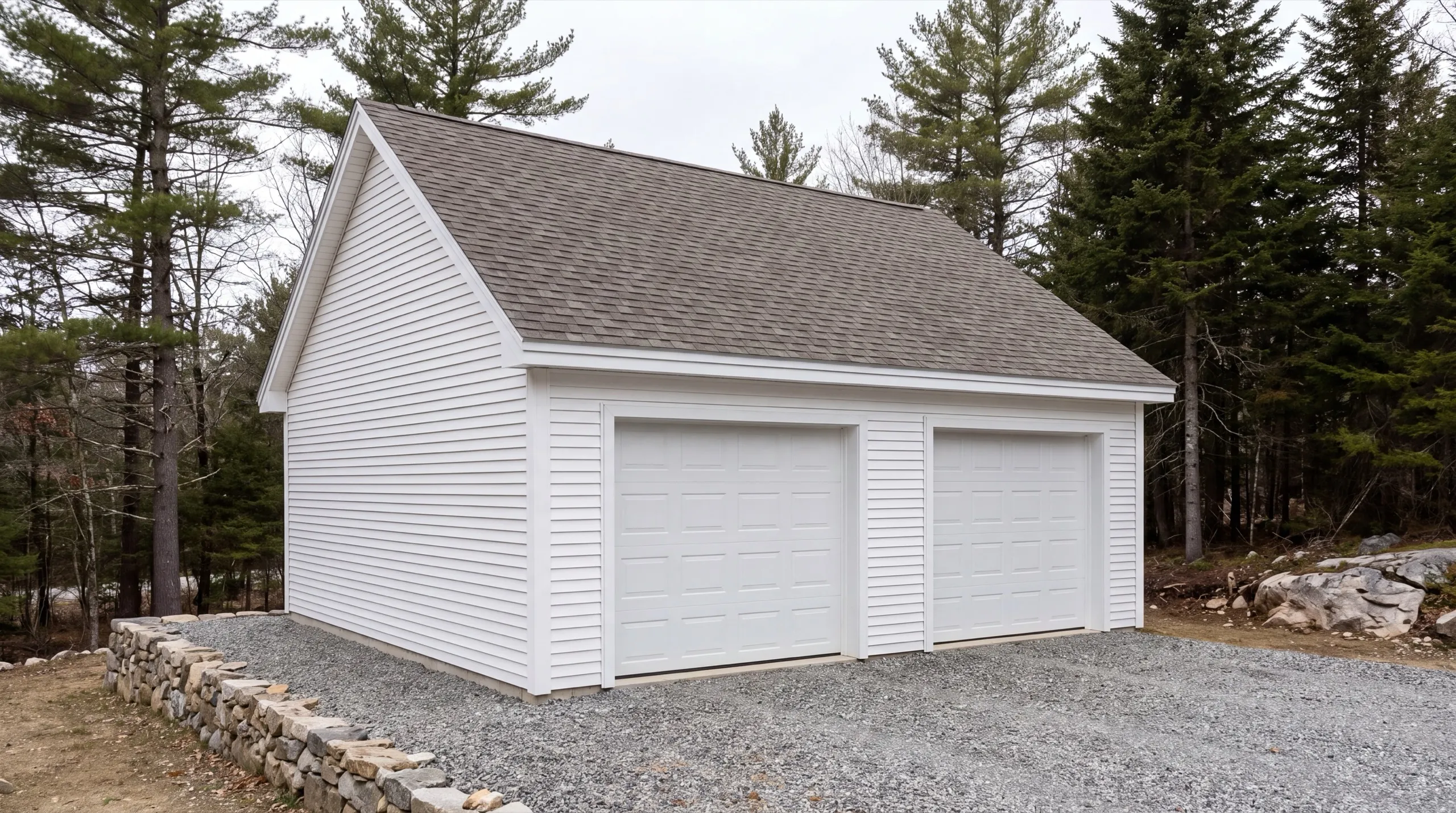 Garage builders in Winthrop, ME: finished white detached two-bay garage on gravel beside a stone wall