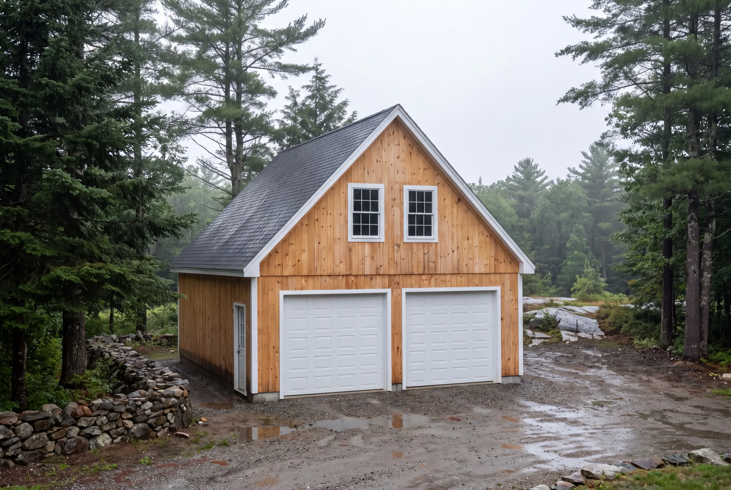 Garage builders Winthrop Maine: detached two-bay garage with natural wood siding and two loft windows in the gable