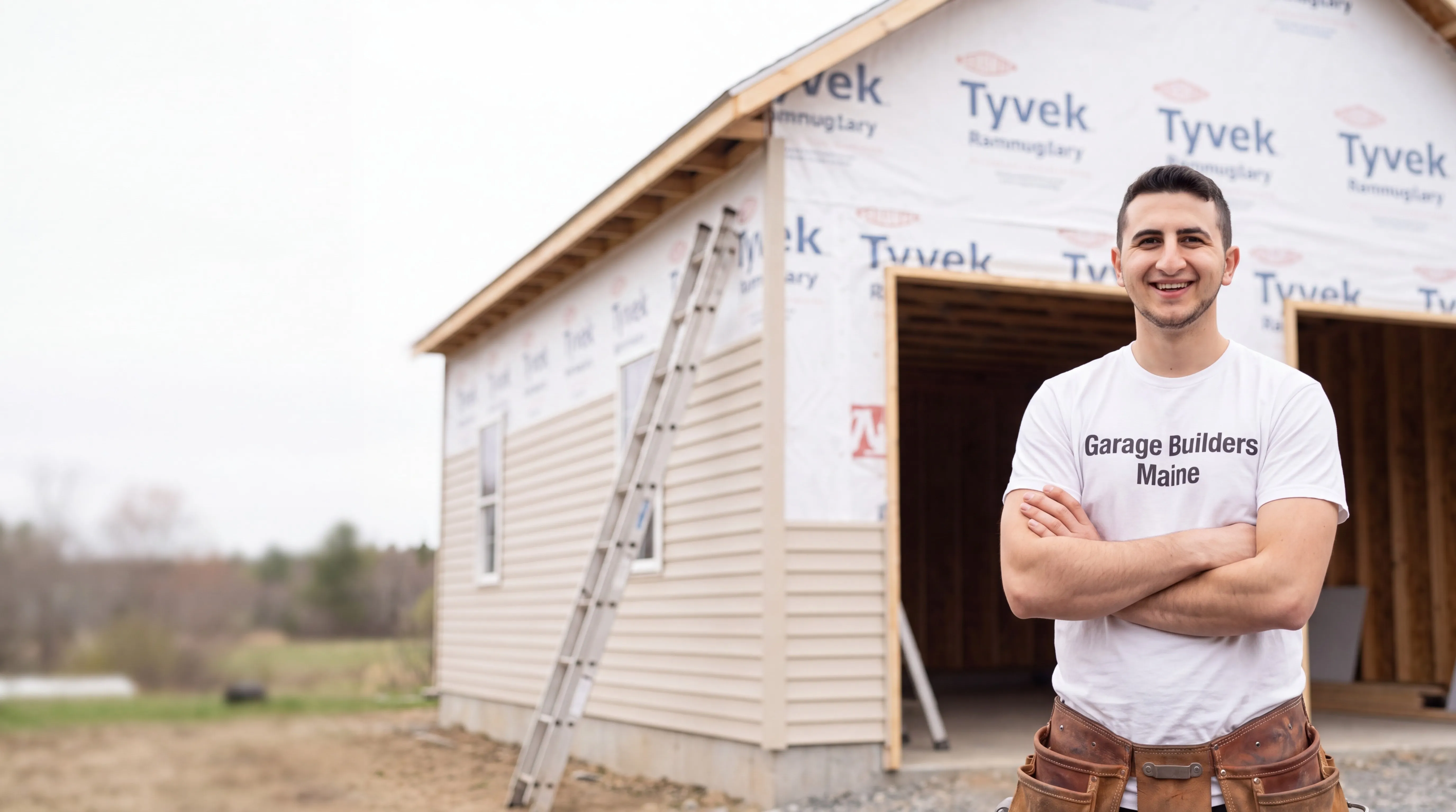 Owner of Garage Builders Maine standing with his arms crossed and smiling at a Maine job site