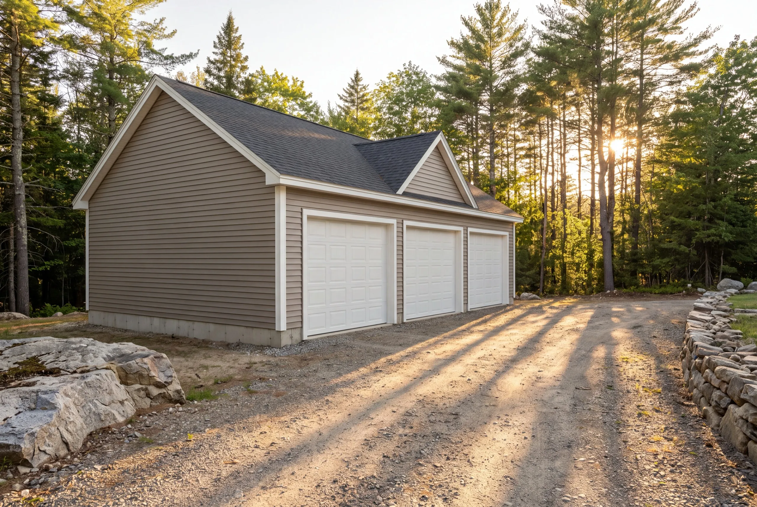 Custom garage builder Winthrop Maine: tan three-bay garage with white doors and a small cross gable