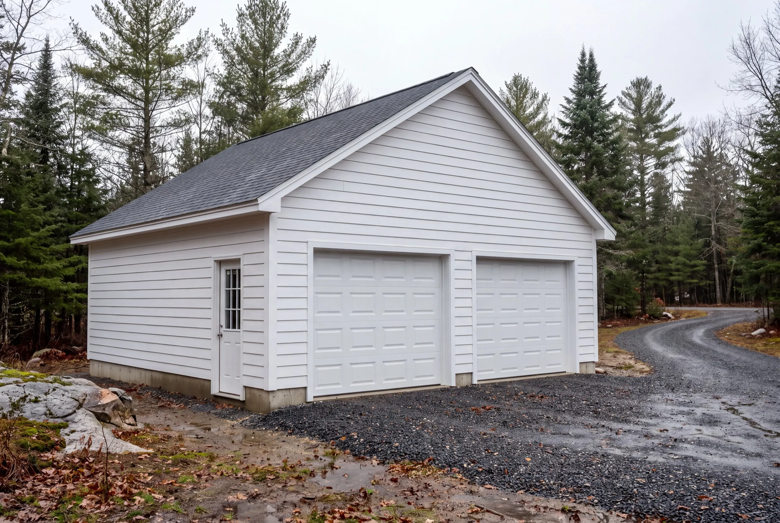 Detached garage builder Winthrop Maine: detached white two-bay garage with a side entry door on a gravel drive
