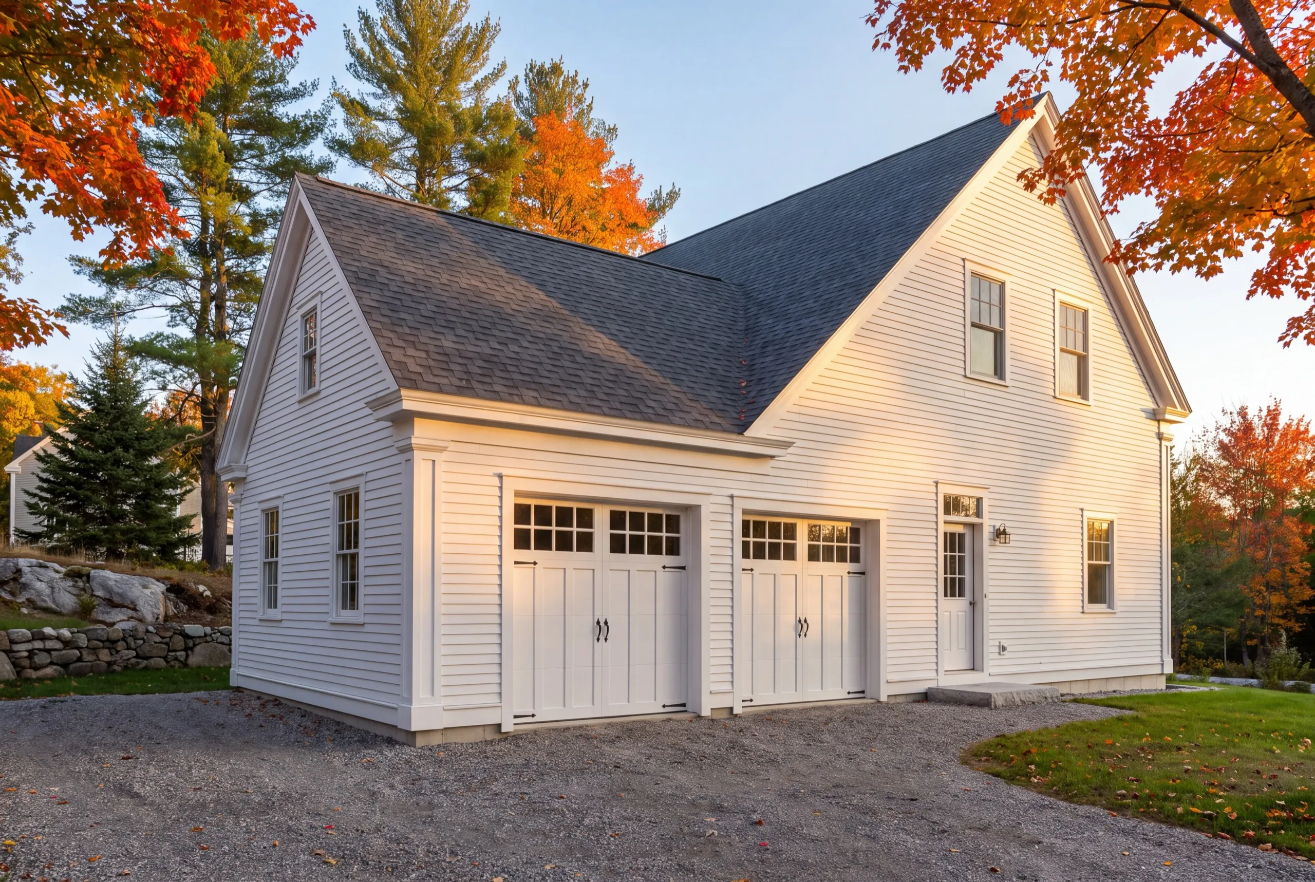 Garage builder Wiscasset Maine: white two-bay carriage-door garage wing joined to a two-story white house