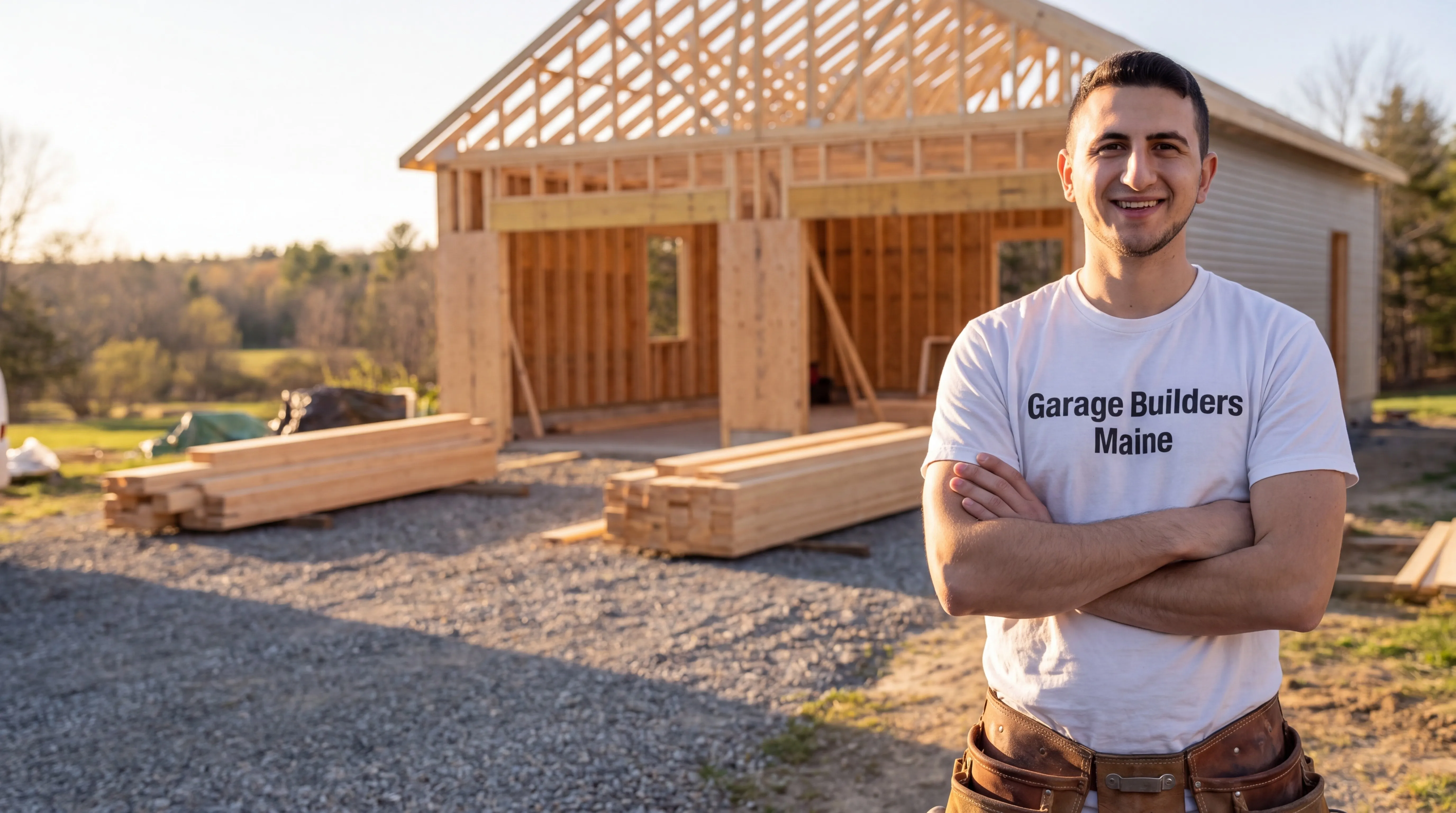 Garage builders Wiscasset Maine: owner with arms crossed in front of a framed garage with lumber on gravel