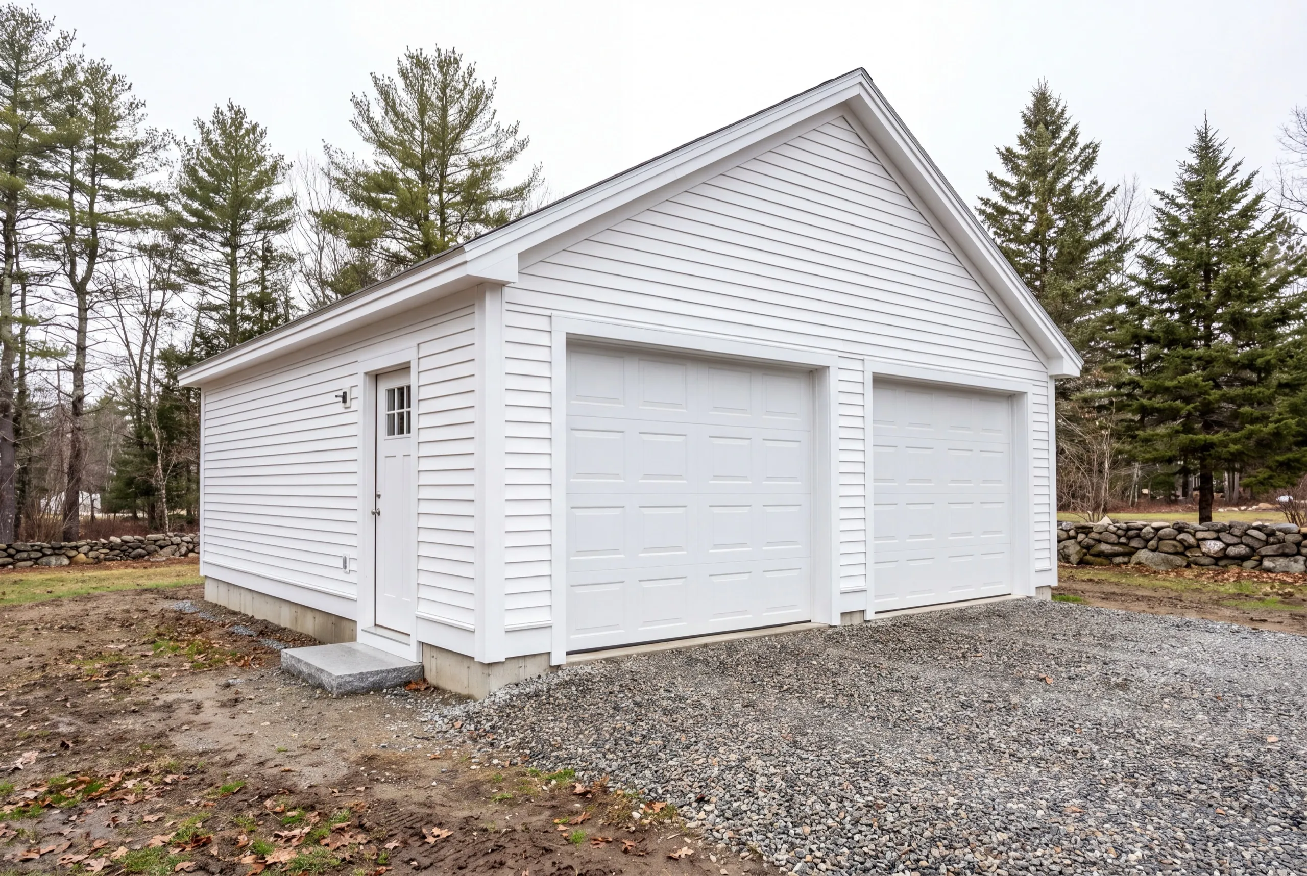 Garage builder Wiscasset Maine: detached white two-bay garage with a side entry door on fresh gravel