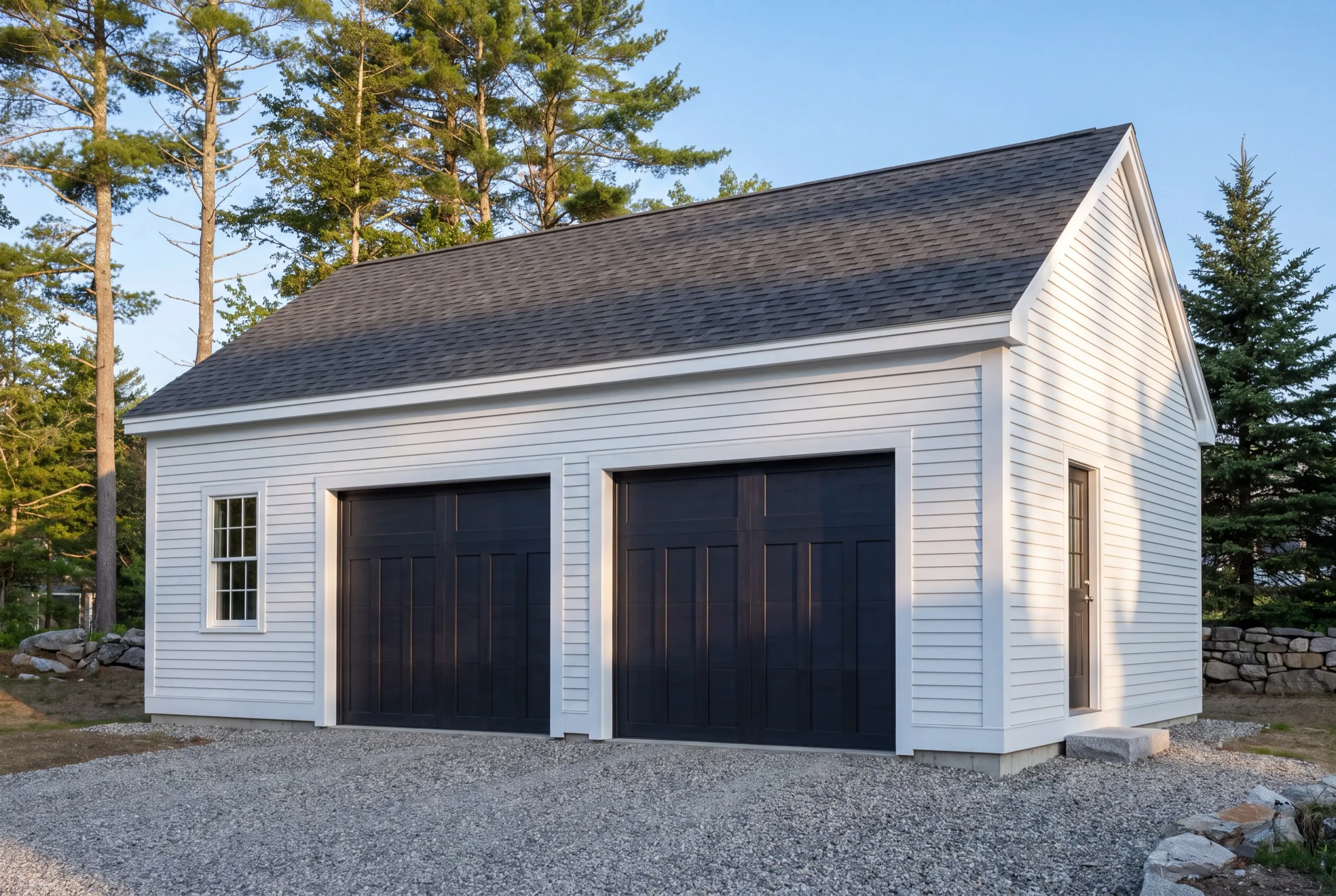 Detached garage builder Wiscasset Maine: white two-bay garage with dark carriage doors on a gravel pad