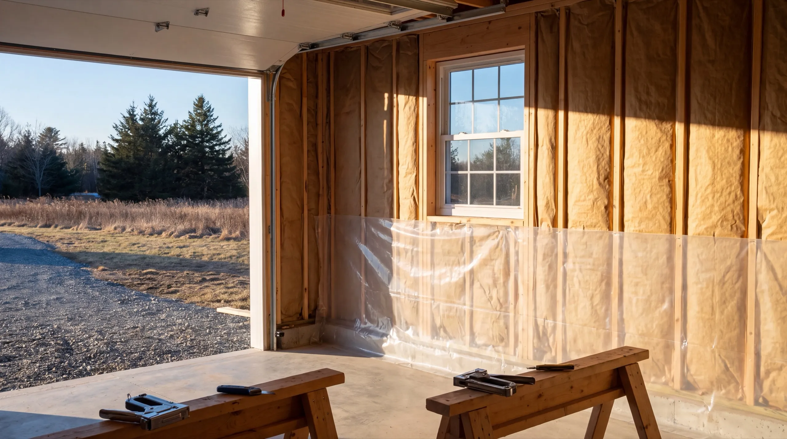 Garage remodeling contractor Augusta Maine: insulated garage walls with plastic vapor barrier going on and staplers on sawhorses