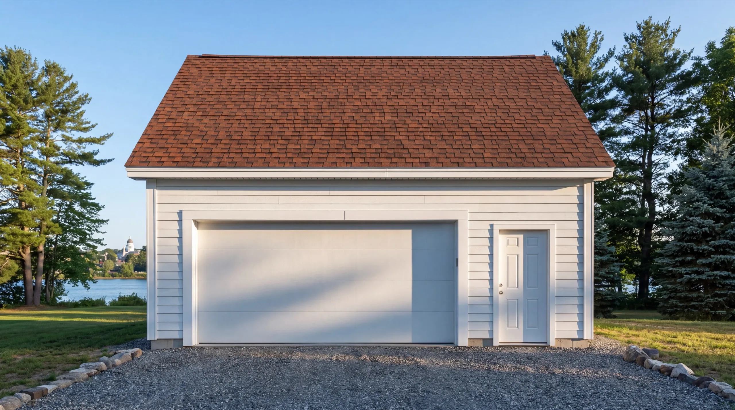 Garage renovation contractor Augusta Maine: white one-bay garage with a wide door, side entry door and a brown roof