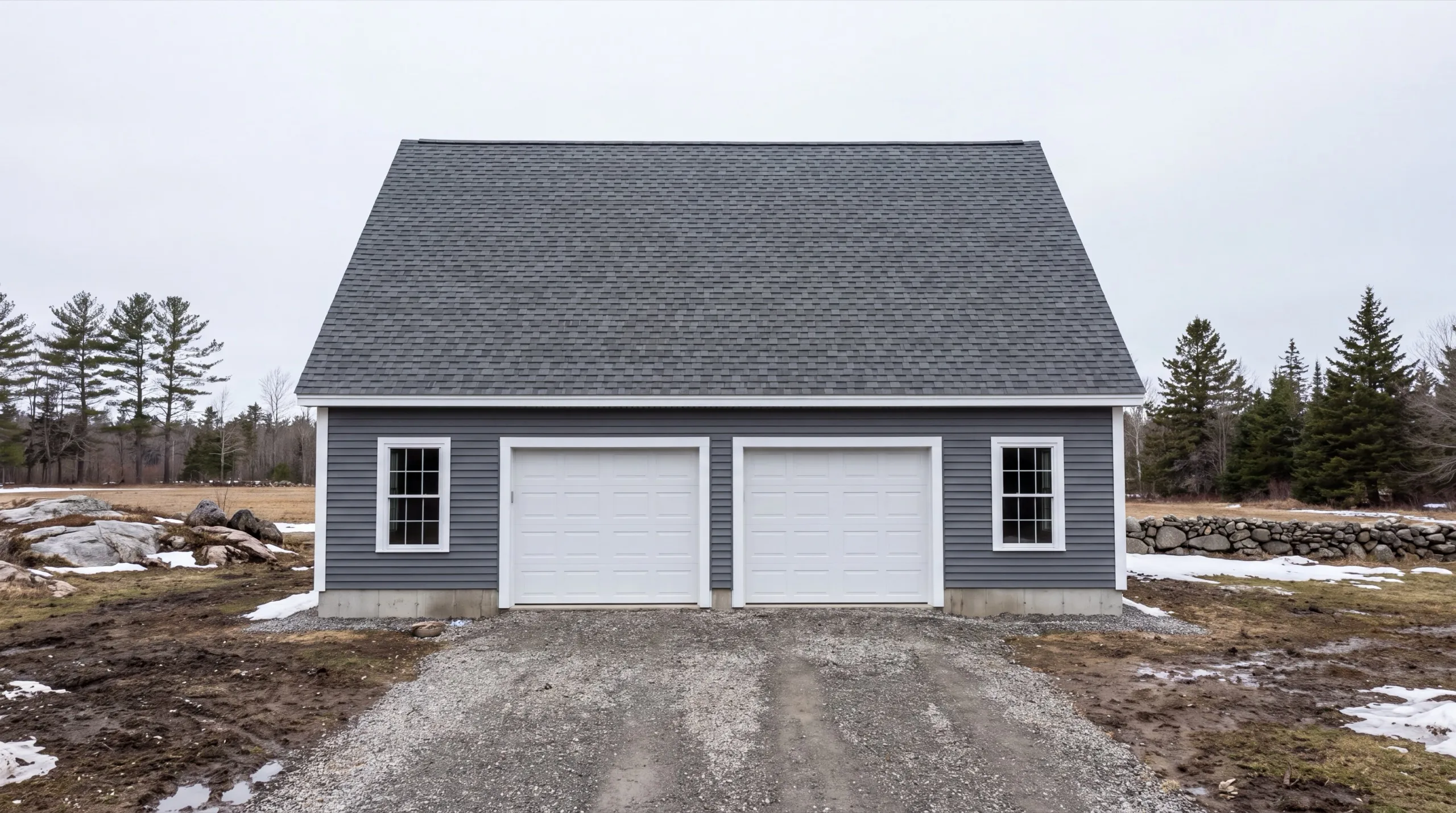 Garage remodeling Chelsea Maine: finished gray two-bay garage with white doors on a gravel drive in a field