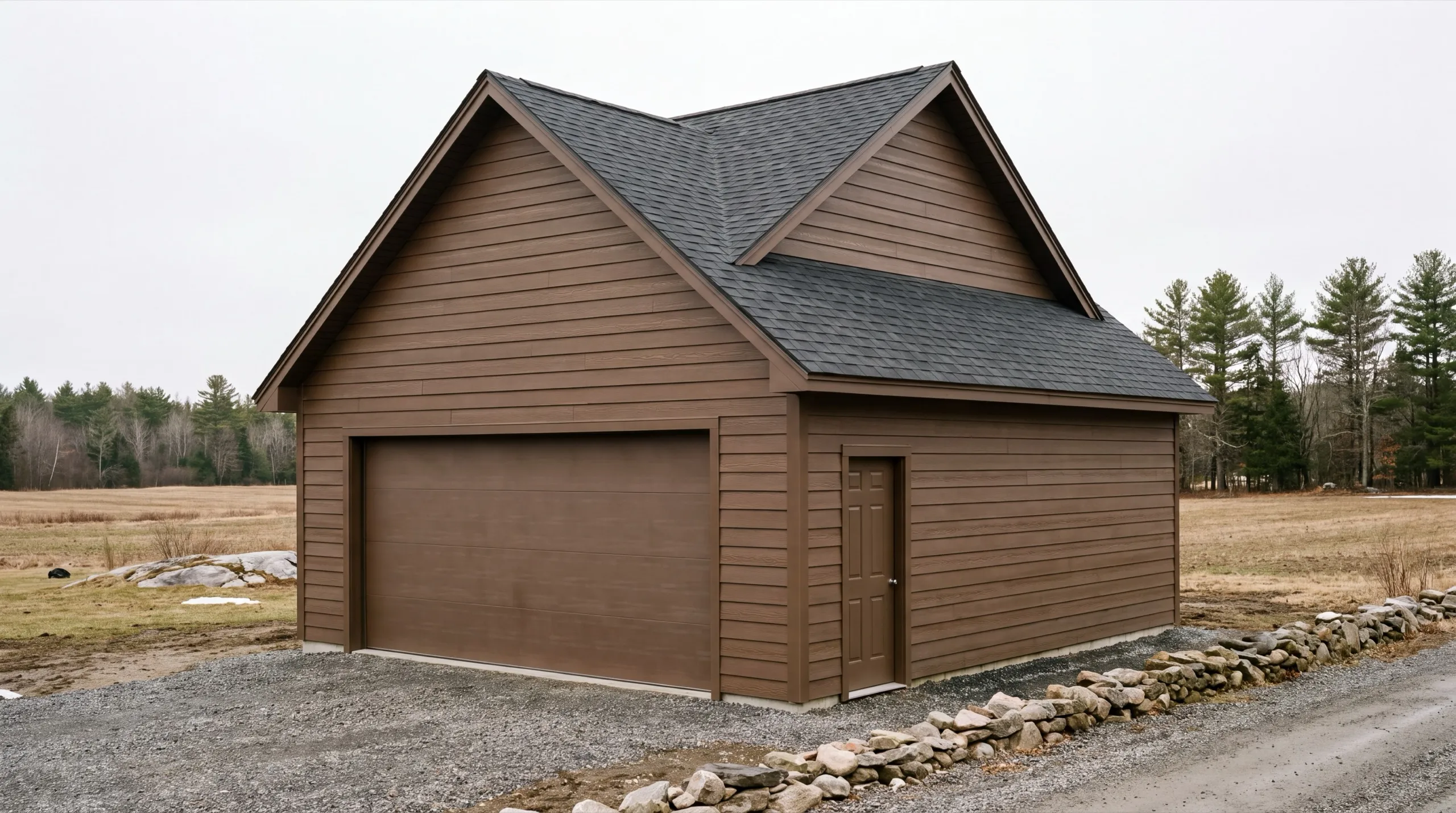 Garage remodeling contractor Chelsea Maine: finished brown detached garage with one wide door and a side entry door